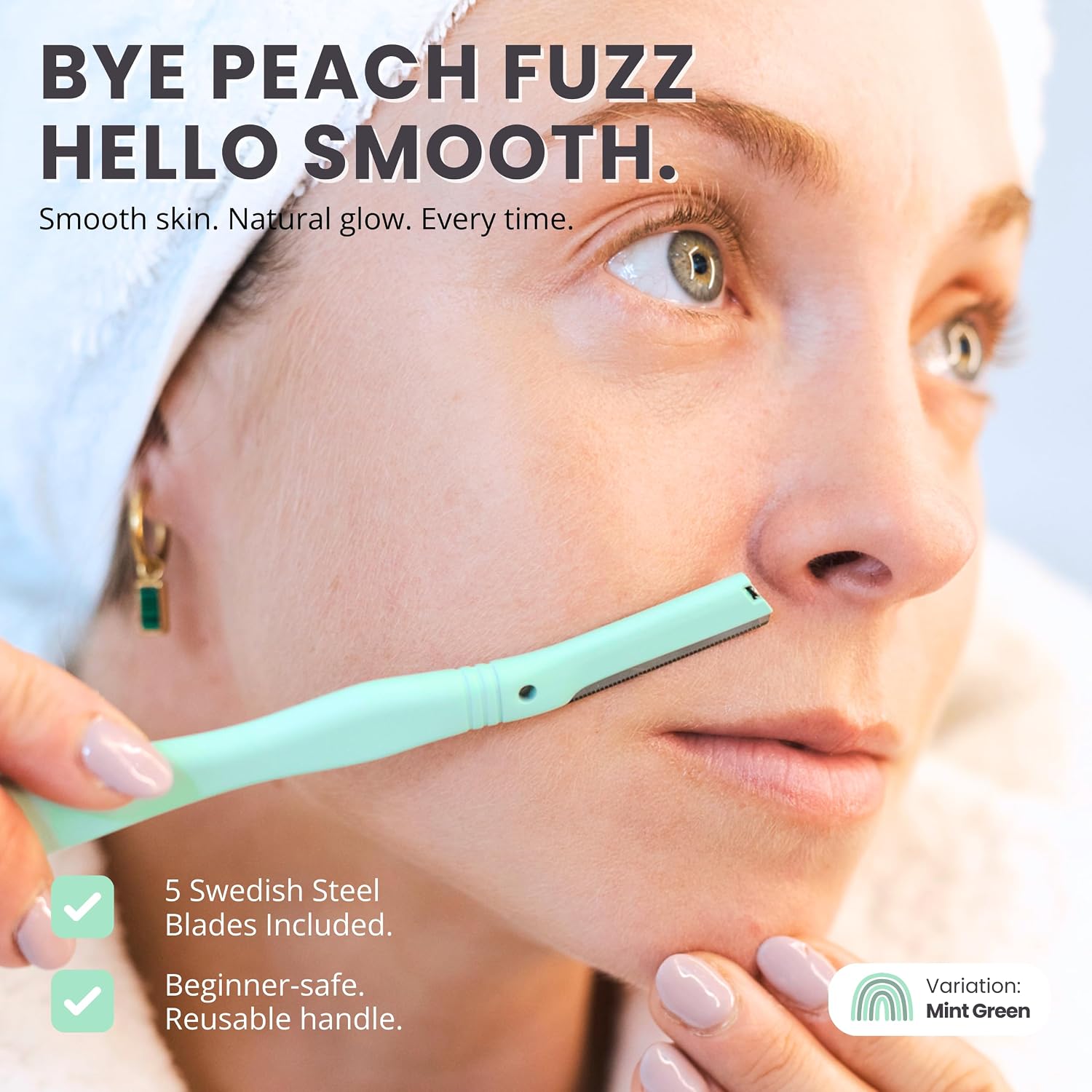 Jungle Culture Dermaplaning Tool – Facial Razor for Women with 5 Refill Blades – Reusable Eyebrow Shaper & Exfoliator – Mint Green