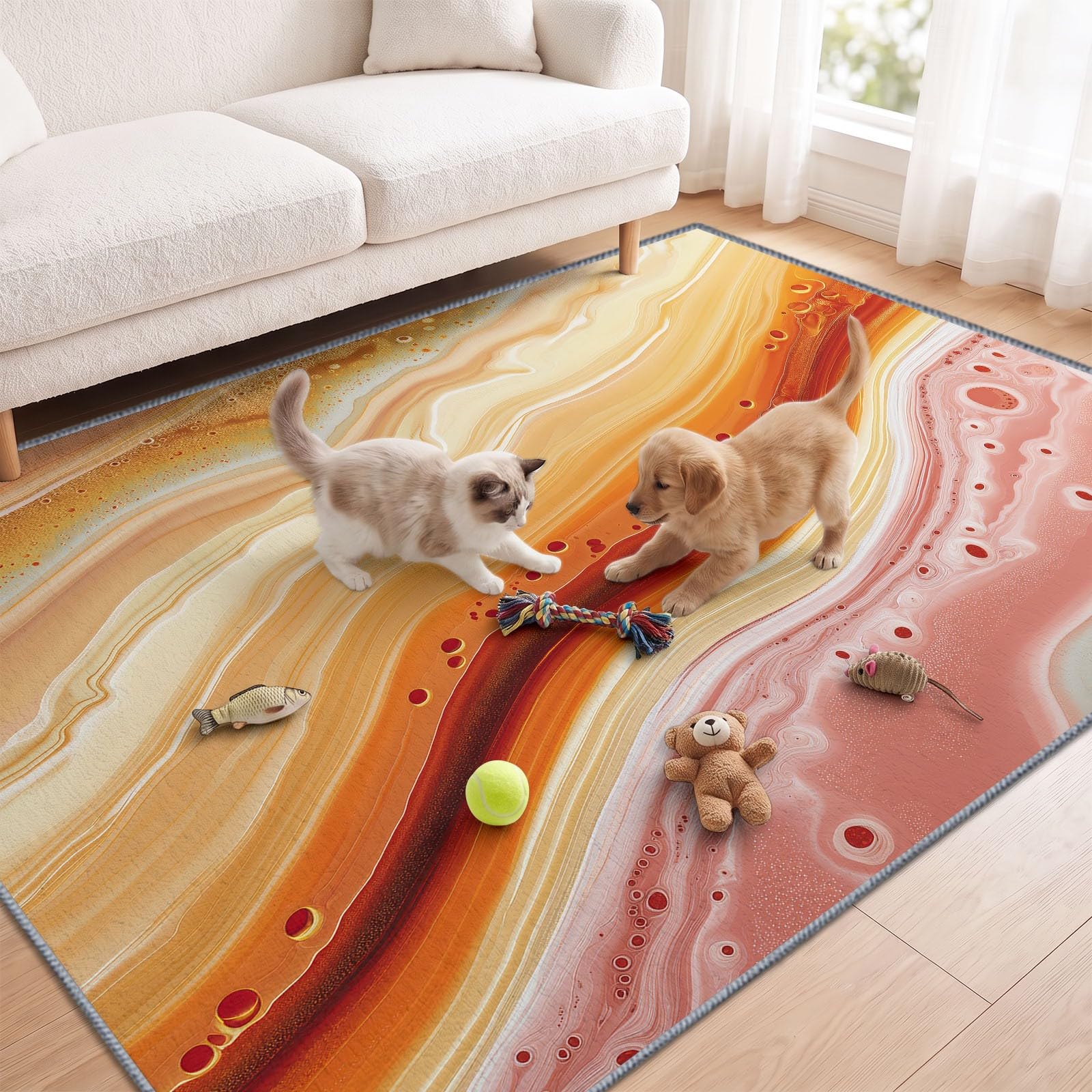 Tappeto marmo arancione per soggiorno, camera da letto, corridoi, salotto, arte fluida, moderno, antiscivolo, a pelo basso, non sbiadisce, morbido sotto i piedi, 200 x 300 cm