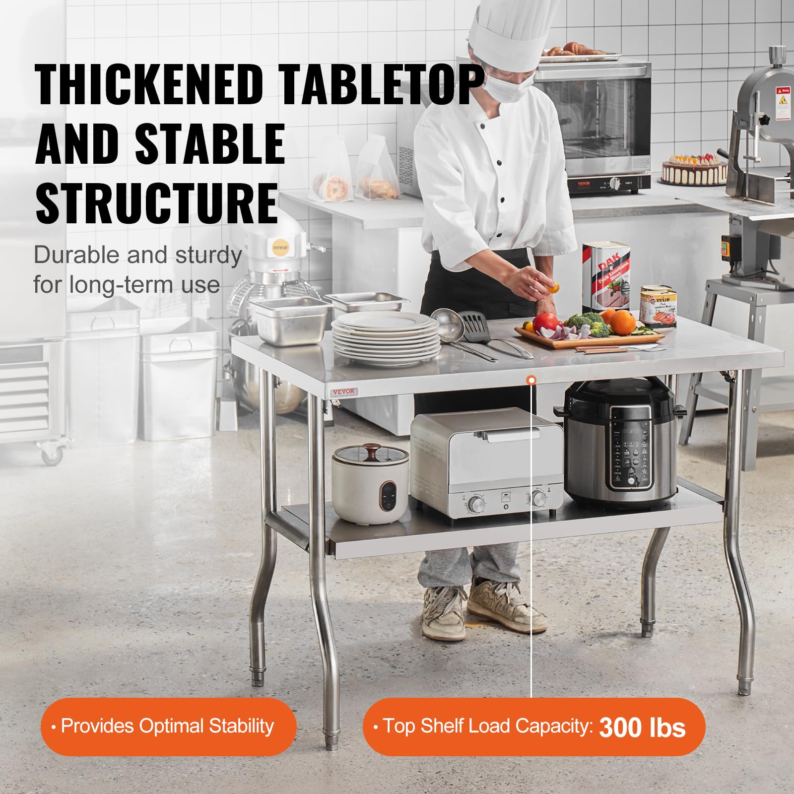 VEVOR Arbeitstisch Küche, 1220 x 610 x 850 mm Arbeitstisch Gastro 2-lagiger Zubereitungstisch Edelstahl Gastro Tisch, Essenszubereitung Gewerbe Küchentisch Lebensmittel Küchentisch Edelstahltisch