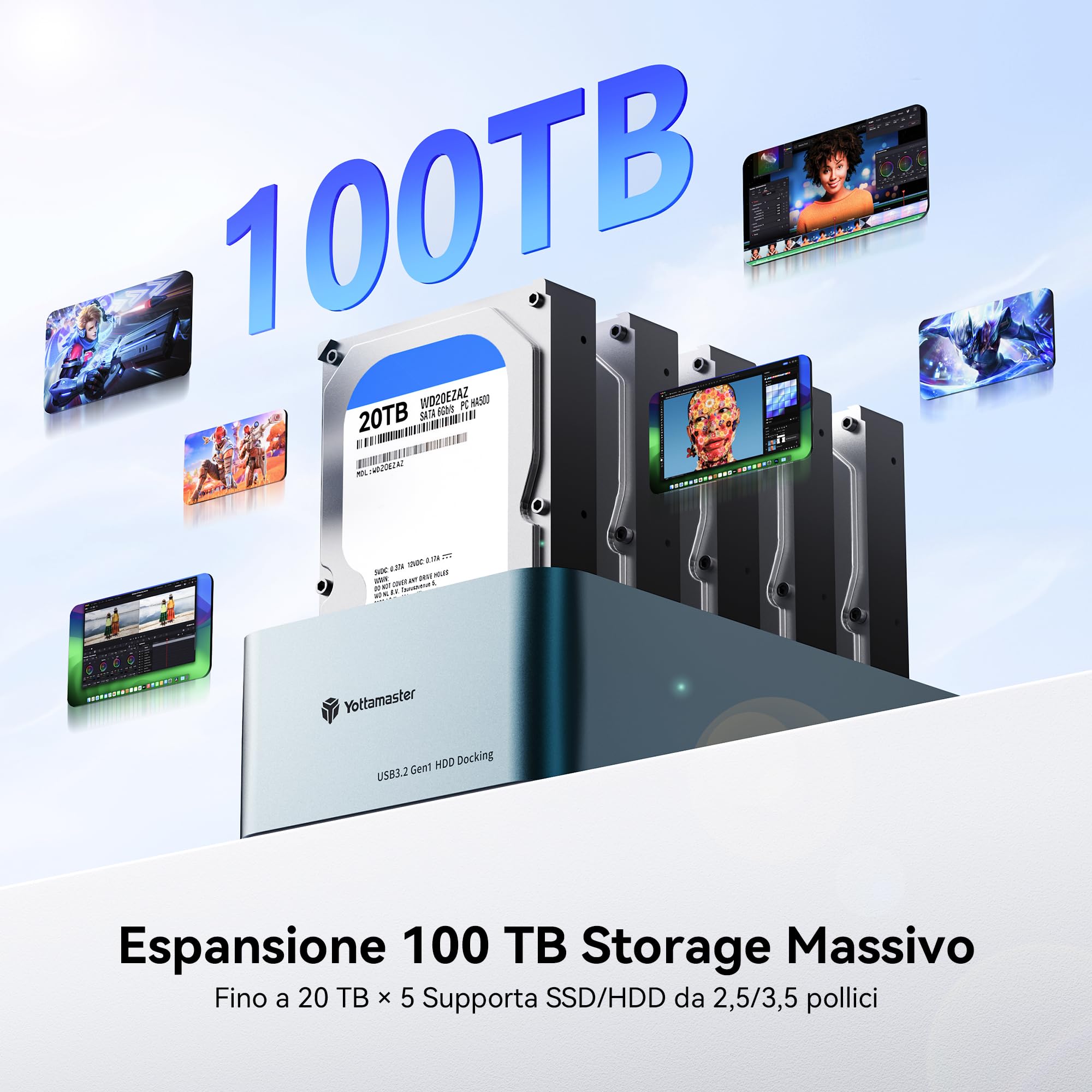 Yottamaster 5 Bay Offline Cloning Hard Drive Docking Station Aluminium per 2.5/3.5 pollici, USB 3.2 Gen1 SATA SSD/HDD Docking Station con Alimentazione 12V 6.5A, Supporta 5x20TB