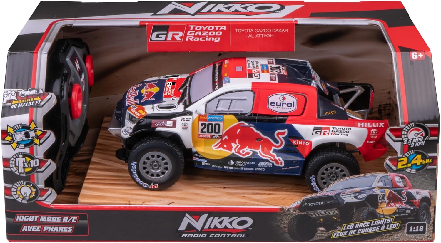 NIKKO Toyota Gazoo Racing Dakar RC Car in its retail box, front view