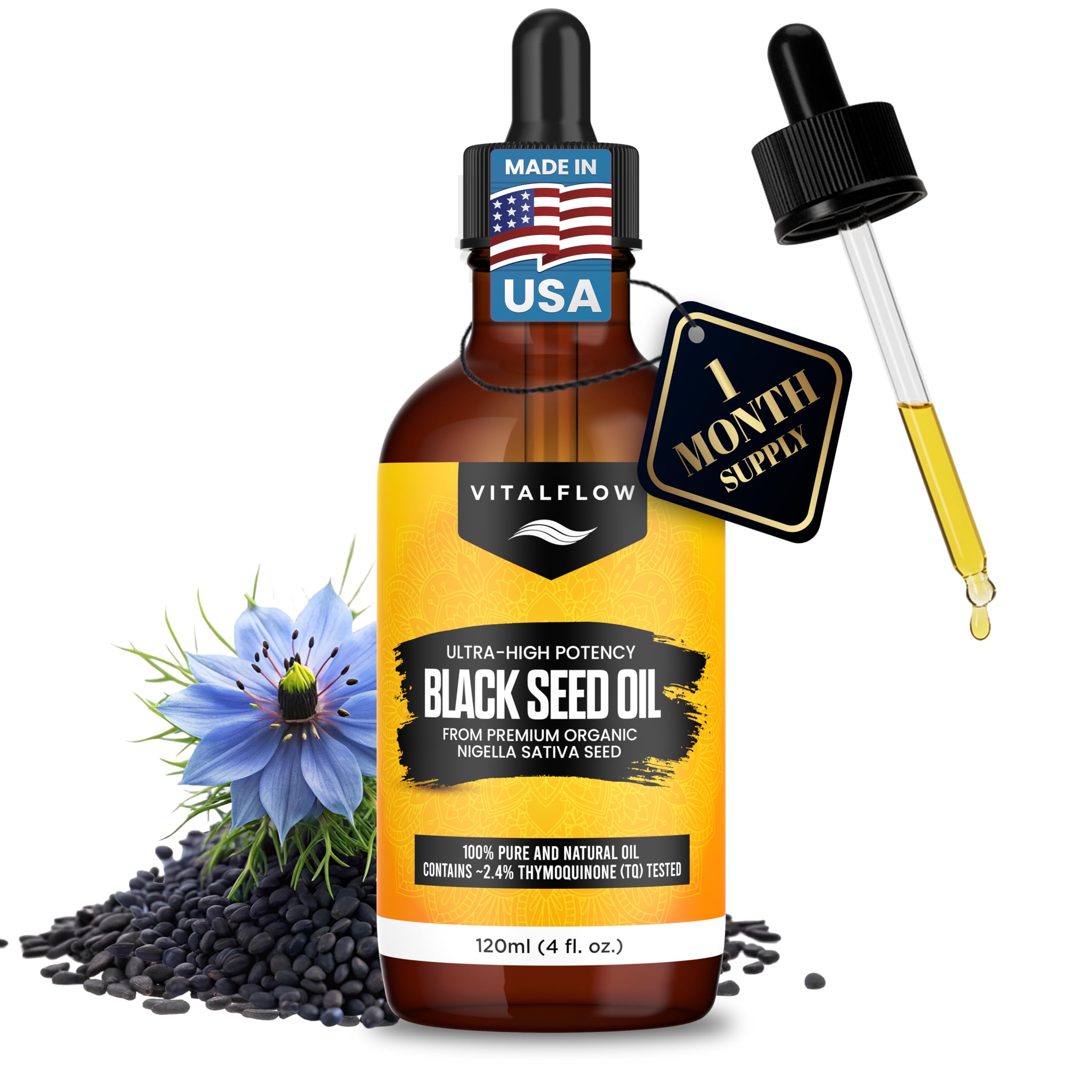 VITALFLOW Organic Black Seed Oil 120ml | 100% Pure and Natural Cold Pressed | Ultra High Thymoquinone Content | For Health, Hair, Nails, Skin, Joints | Black Cumin Seed Nigella Sativa Oil