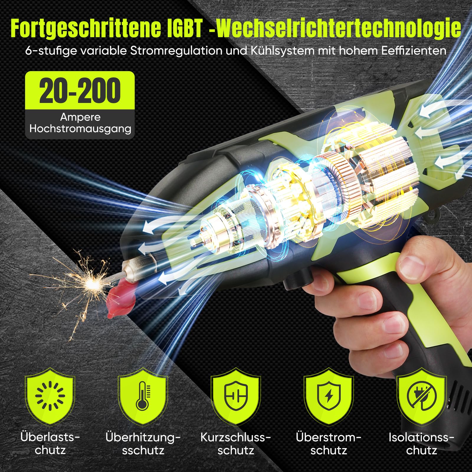 Lichtbogenschweißgerät, 220 V Handschweißgerät mit 6 Variable Stromeinstellungen, 20-200ampfbarem Ausgangsstrom, geeignet für 3/32 "-1/8" (2,4-3,2 mm) Schweißstangen (grün)