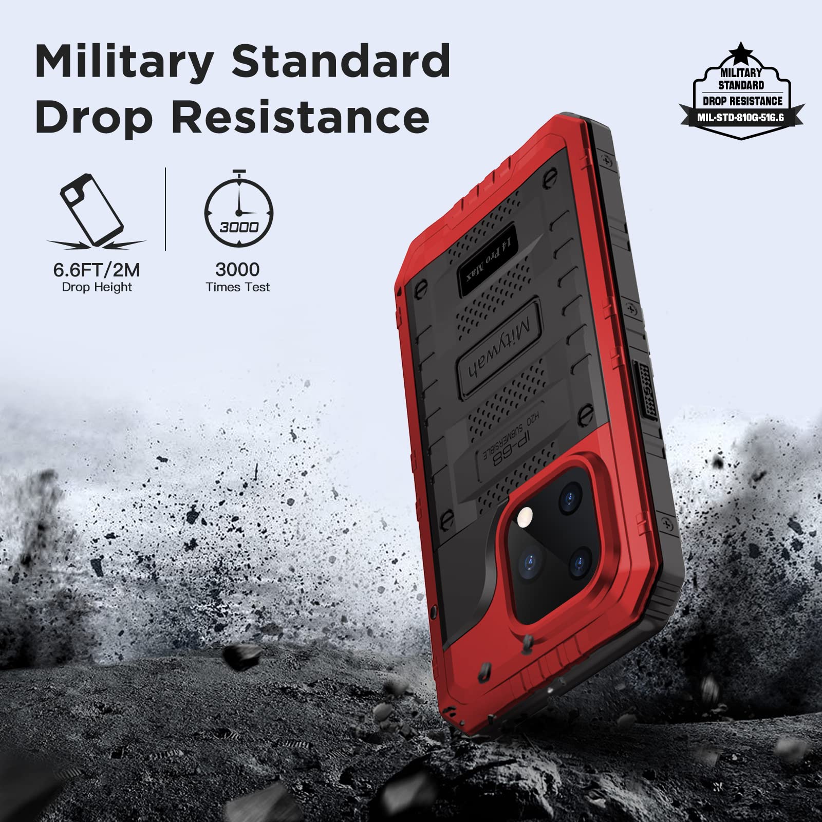 Mitywah Funda Impermeable para iPhone 14 Pro MAX, Funda Resistente a los Golpes con Protector de Pantalla Integrado, Carcasa de Metal de protección subacuática de Cuerpo Completo de 17 cm, Color Rojo