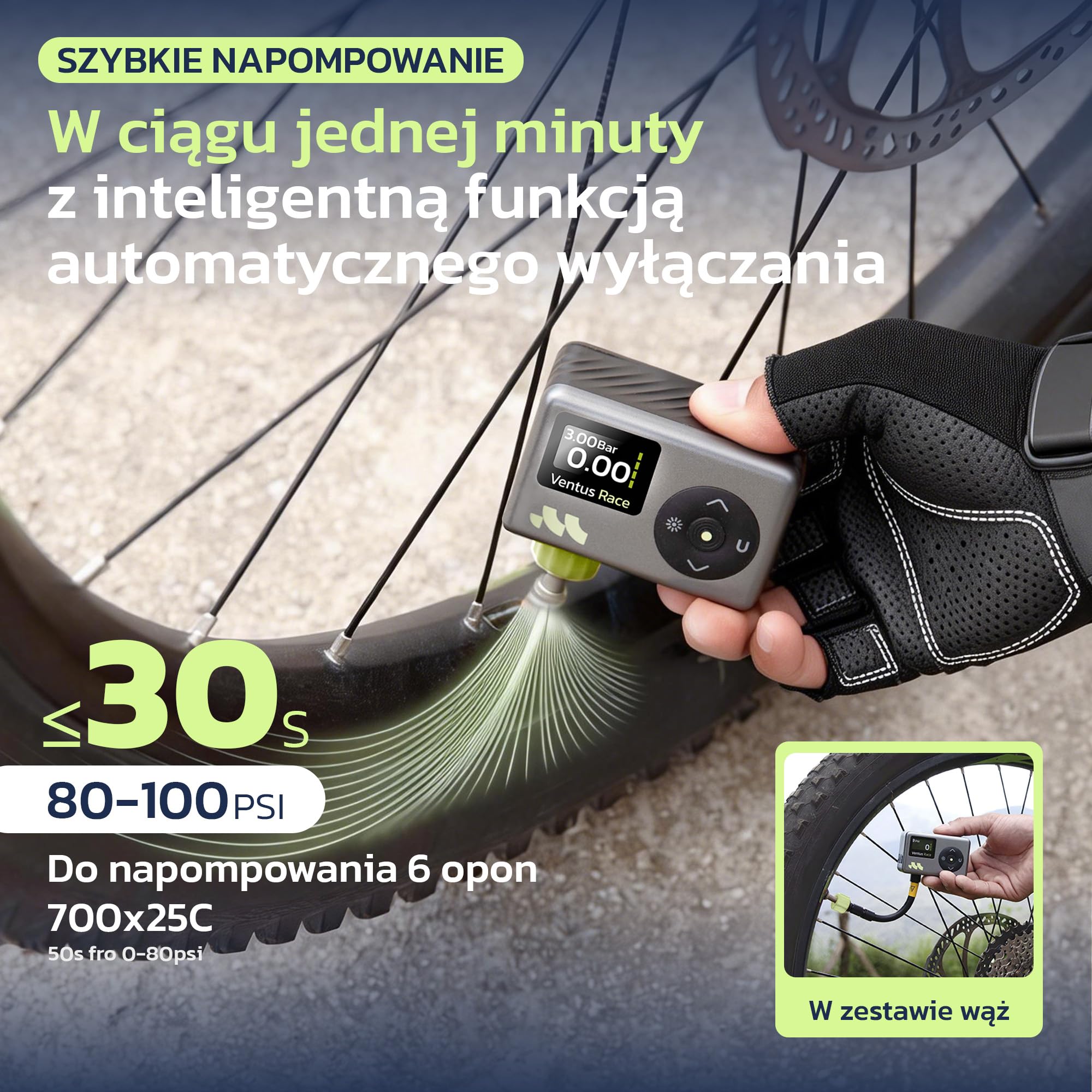 Woowind Pompka rowerowa, szybkie pompowanie 50s, elektryczna pompka rowerowa z manometrem, 120 PSI, do pompowania opon, z zaworem Presta i Schrader do rowerów szosowych, rowerów miejskich i MTB