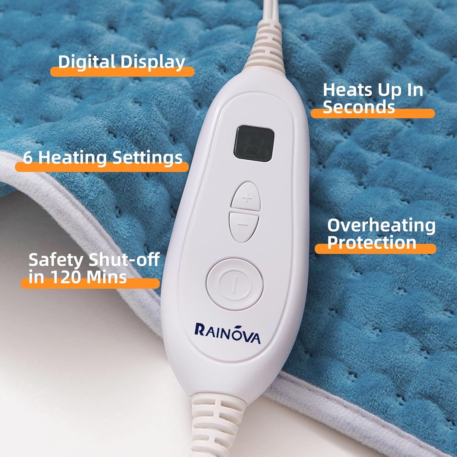 RAINOVA Heating Pad Electric Throw for Back Pain & Cramps Relief, 17''x33'' Electric Pad with Auto Shut Off, Heated Pad- 6 Heat Settings,Christmas Gifts for Women, Men, Mom, Dad(Blue)