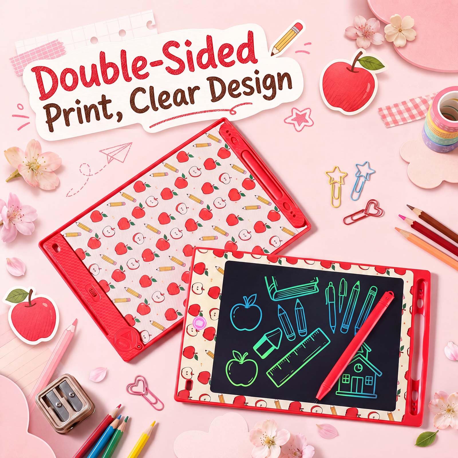 Zonon LCD-Schreibtablett für Kinder, 21,6 cm, wiederverwendbar, Doodle Board, löschbare Zeichenblöcke mit Apfel- und Bleistift-Muster, pädagogische Geschenke für Partygeschenke, 12 Stück
