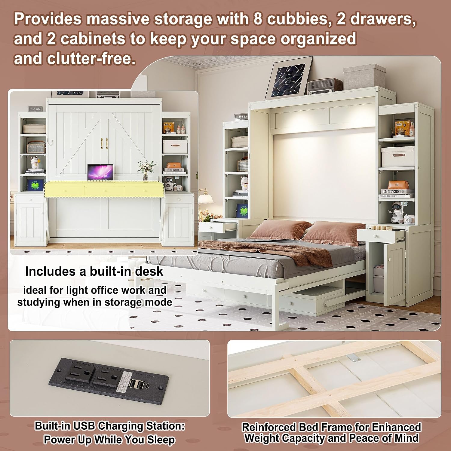 Brabrety Murphy Bed features: storage, desk, USB, frame