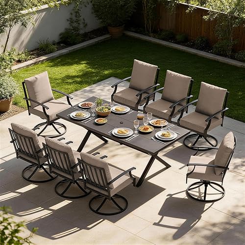 Miniatura 37 de Juego de 10 piezas de comedor para patio al aire libre, mesa de patio y sillas de ratán con agujero para paraguas, juego de mesa de comedor para 8