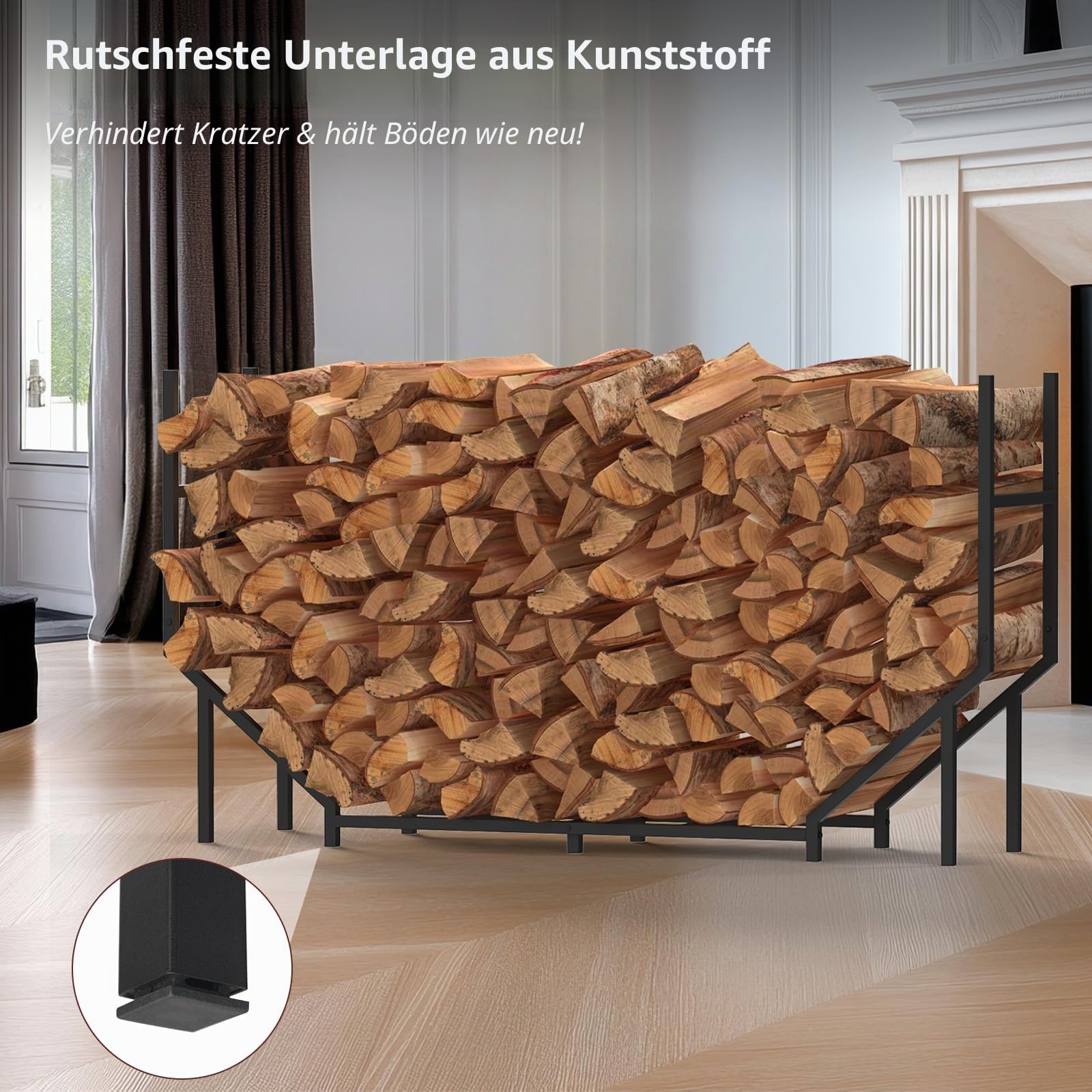 CADUKE Kaminholzregal, 1,4 m, Feuerholzhalter für drinnen und draußen, robustes Metallregal, Holzstapler, Aufbewahrungs-Organizer, Schwarz
