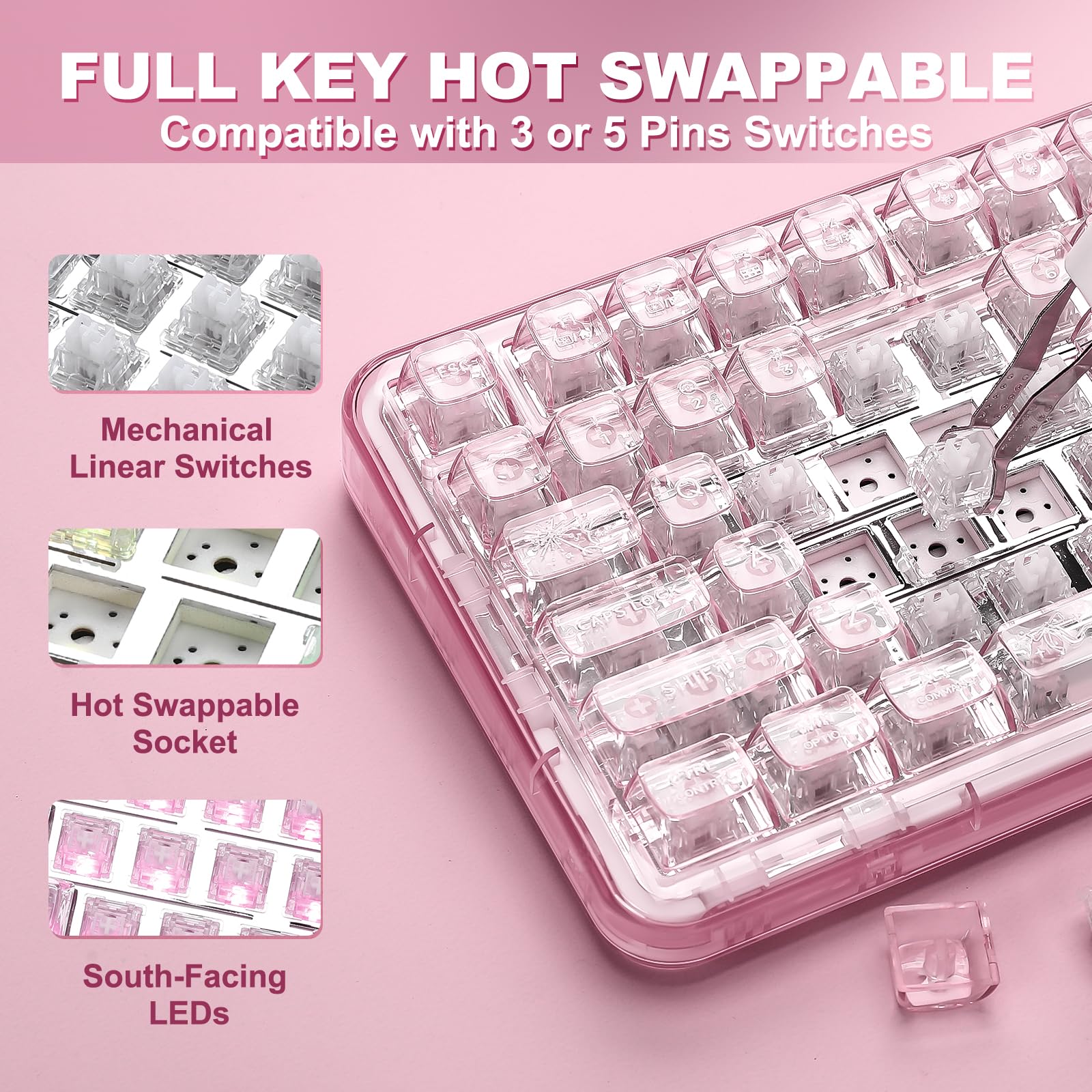 YUNZII X98 QMK/VIA Wireless Mechanical Gaming Keyboard with Knob,Tri-Mode BT5.0/USB-C/2.4GHz Hot Swappable Keyboard,Pre-lubed Switches Gasket Mount RGB Backlit for Wins/Mac (Purple, Snow Switch): Pink Snow Switch