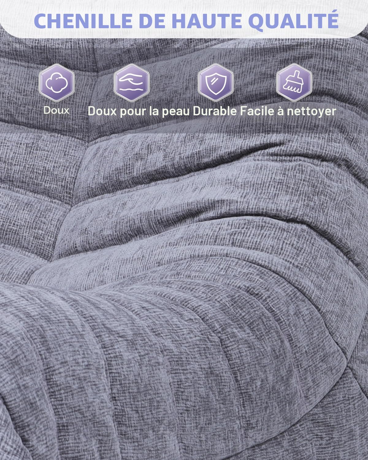 Pouf en Mousse Haute densité - Canapé de Sol en Tissu Chenille avec Dossier - Fauteuil de Lecture pour l'intérieur - pour Salon et Chambre à Coucher - Gris