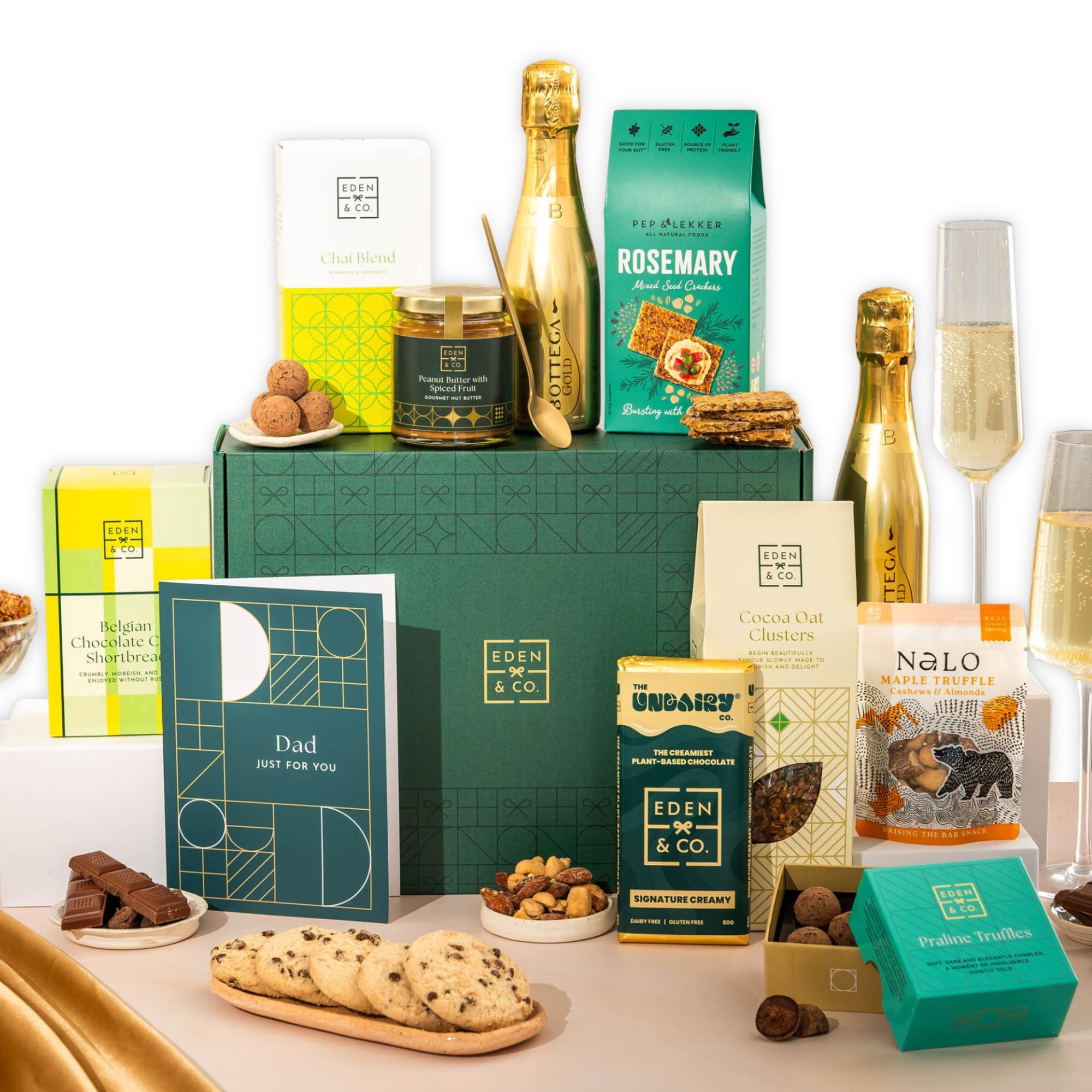 Father's Day, Dad Vegan Gift Hamper Basket, Luxury Gourmet Gifts for Men, Him, with Vegan Chocolate by EDEN & CO - Plus 1 Prosecco