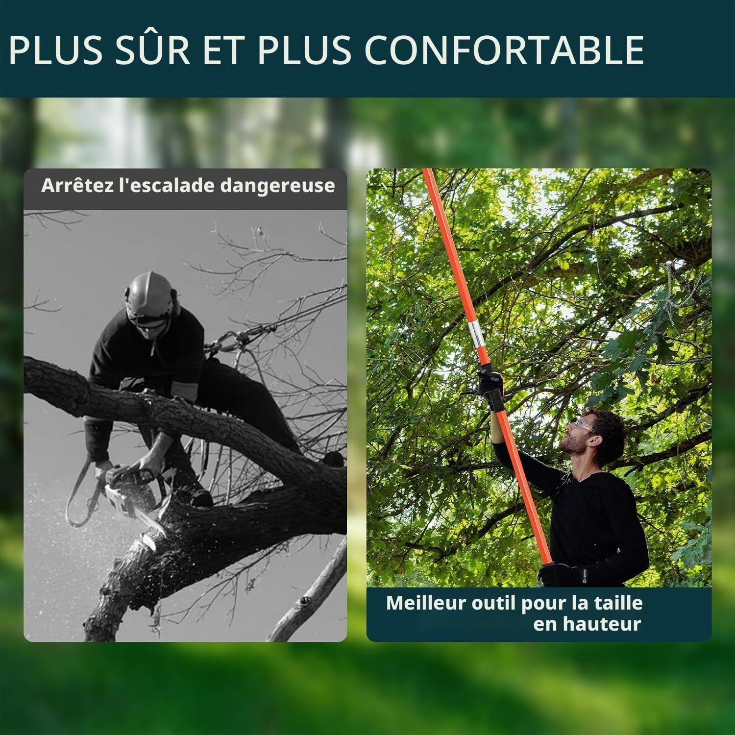 Scie d'élagage avec manche télescopique, hauteur réglable de 8 m, 2,24 m à 8,24 m, lame en acier au carbone avec sac de transport et 2 lames de scie jusqu'à 10 m de hauteur de travail manuelle