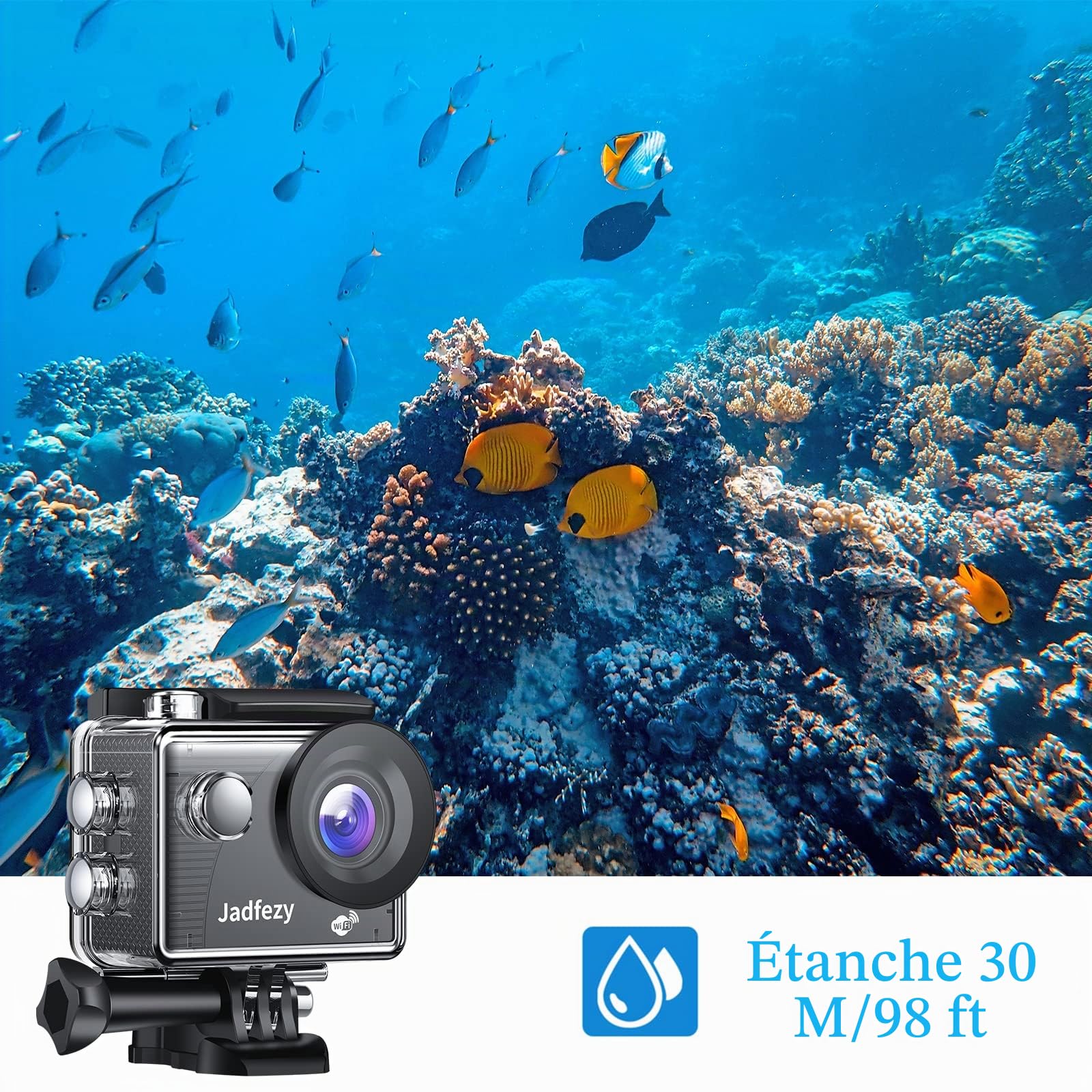 Caméra d'action WiFi HD 1080P, caméra d'action 12 MP avec télécommande, caméra sous-marine étanche jusqu'à 30 m/98FT avec 2 batteries de 1050 mAh et kit d'accessoires pour casque et vélo, etc.