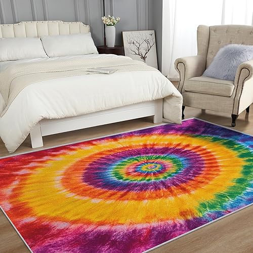 Miniatura 3 de Orange Yellow Purple Tie Dye Rugs for Living Room 5x7, Hippie Rainbow Bedroom Carpet, 70S Retro Groovy Pattern Design Area Rug, Washable Non Slip