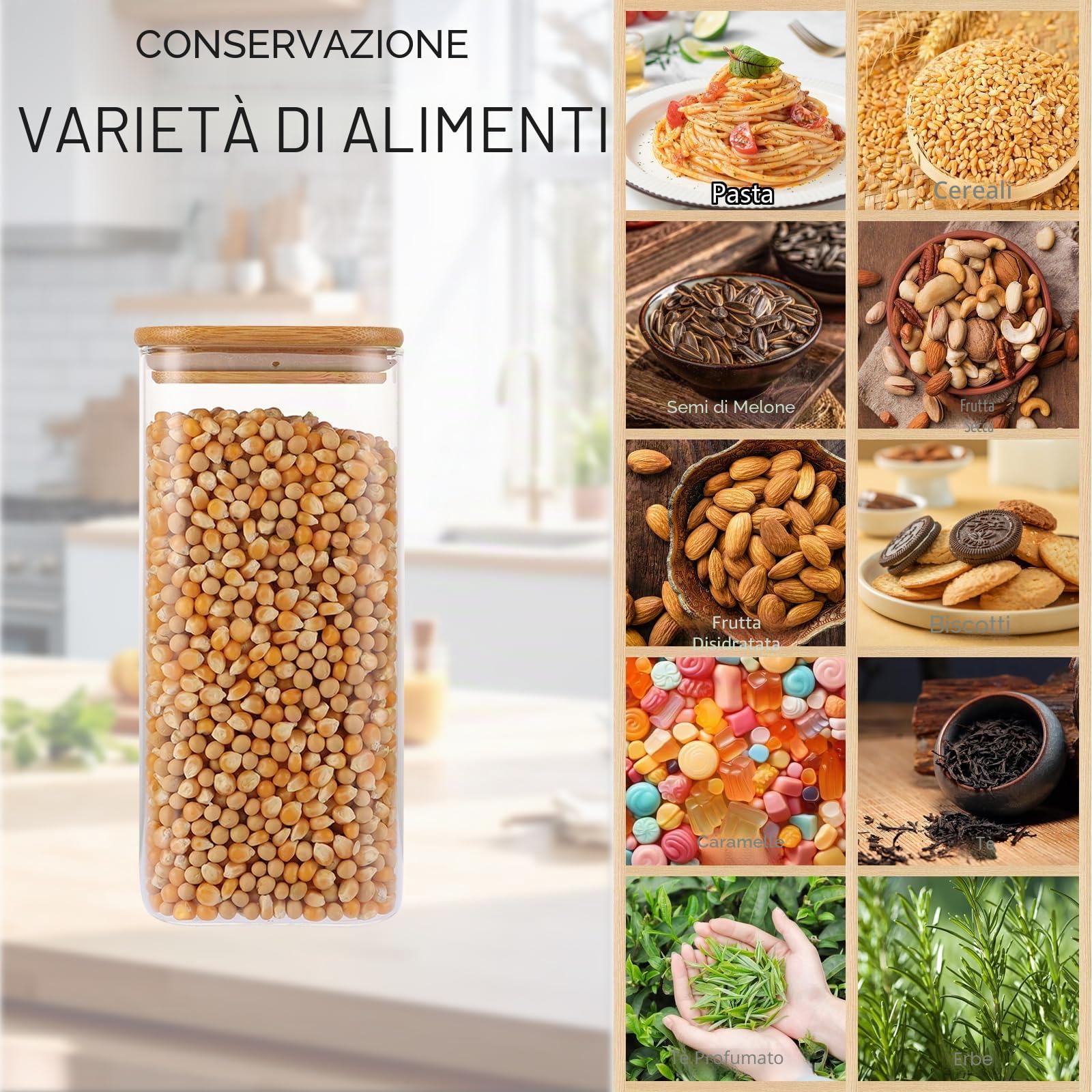 4 Pezzi Barattoli per Alimenti con Coperchio, 1500ml Barattoli in Vetro con Coperchio Ermetici, Contenitori in Vetro Angolari con Coperchi in Bambù, Barattoli per la Conservazione in Cucina per