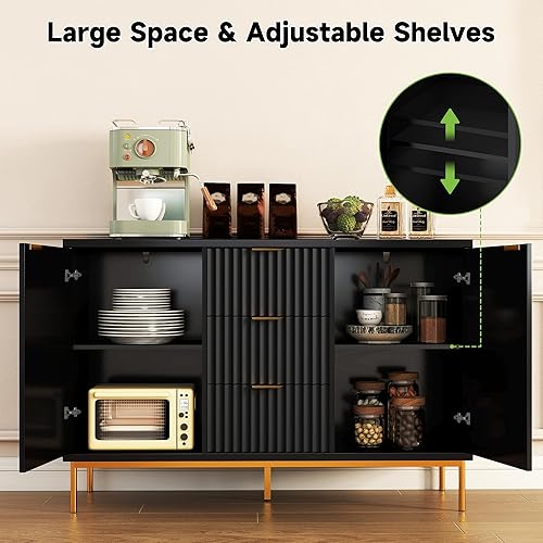 Vista 4 de Real Relax Aparador estriado con almacenamiento, moderna credenza con 3 cajones, estantes ajustables, mesa de café grande para comedor, cocina, sala