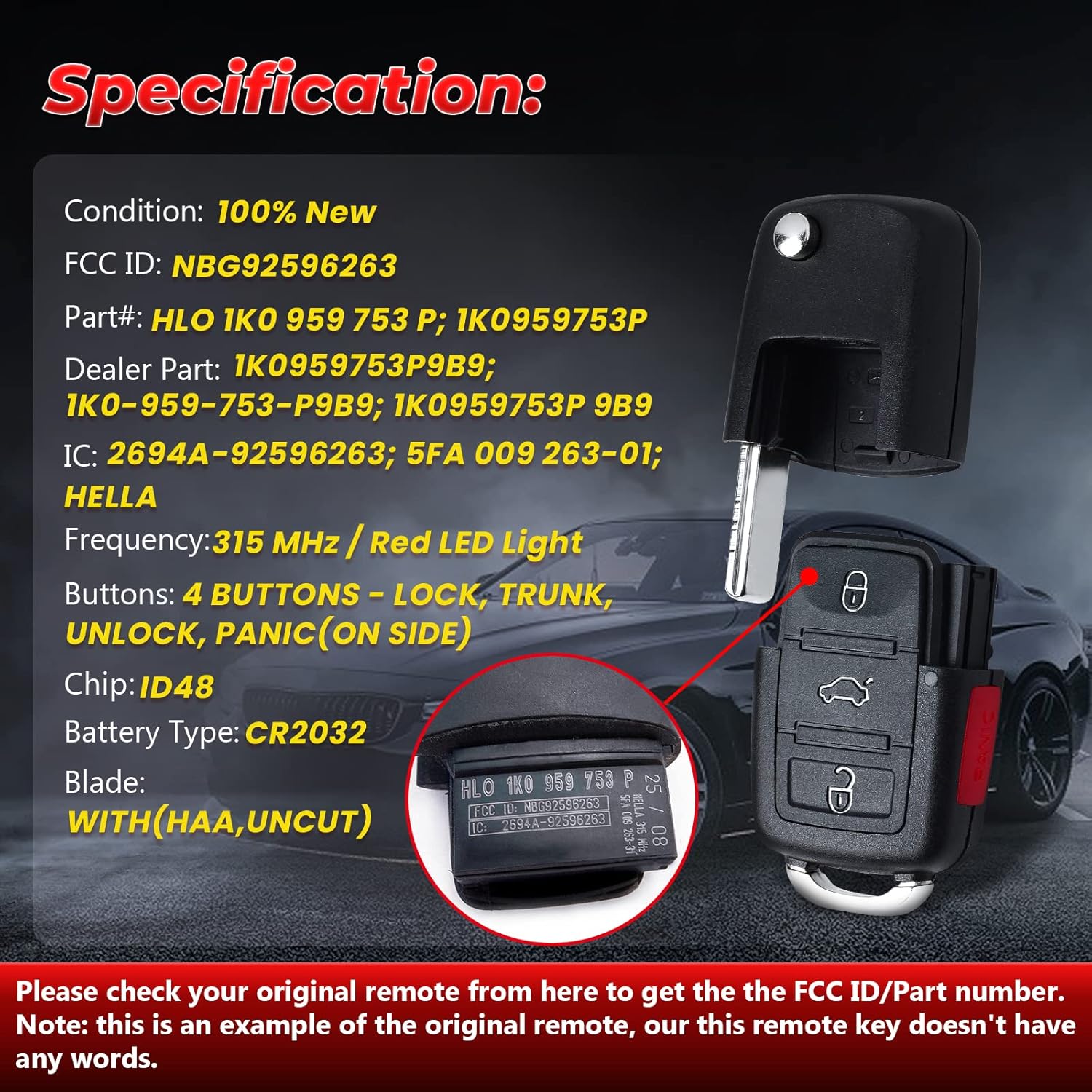 Detailed specification image for the key fob, highlighting FCC ID and Part Number.