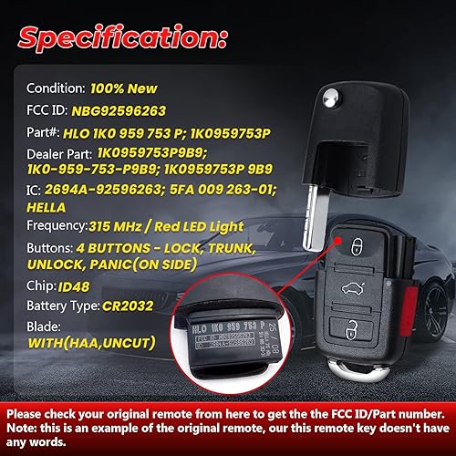 Miniatura 3 de Llavero remoto con tapa HLO 1K0 959 753 P para Volkswagen CC Eos Golf Jetta GTI Rabbit R32 Tiguan 2006 2007 2008 2009 2010 2011 4 botones 315Mhz