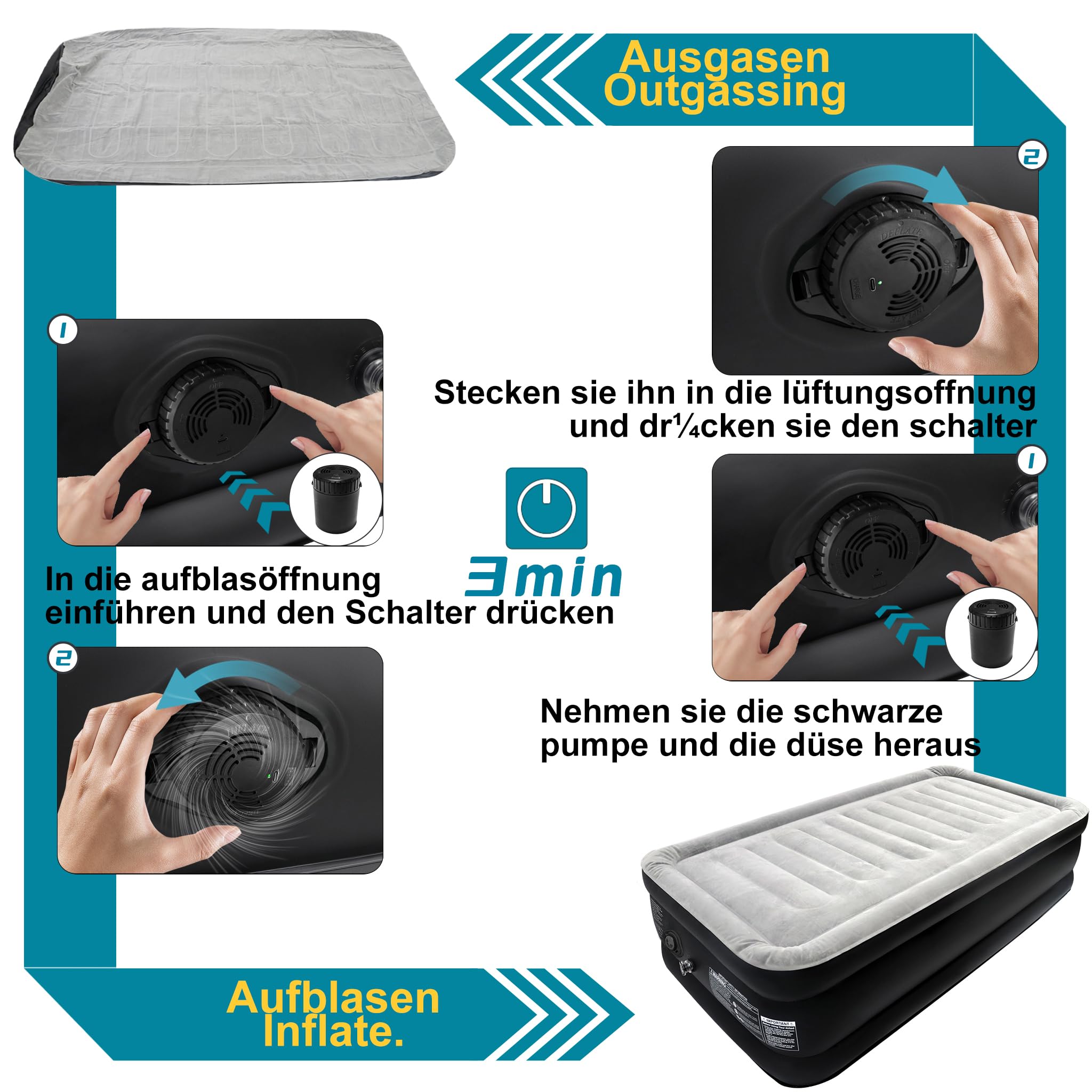 LZQ Luftmatratze Camping Aufblasbare Matratze Luftmatratze Selbstaufblasend Luftbett mit eingebauter elektrischer Pumpe für Camping & Gästebett (187 x 90 x 46cm)