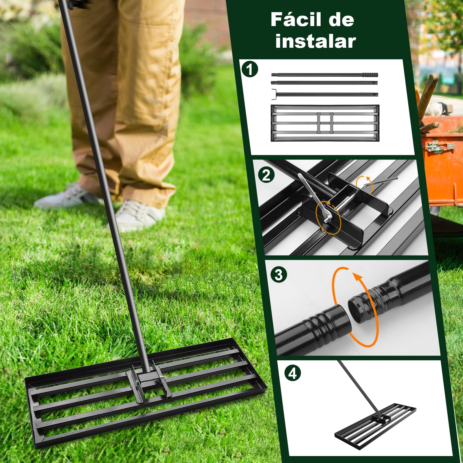 Rastrillo Nivelador de Alto Rendimiento, 114×25cm Rastrillo de Césped, Rastra de Nivelación para Césped, Cabezal Ancho para Jardines y Zonas Verdes, Rastra Niveladora Resistente con Mango de 213 cm