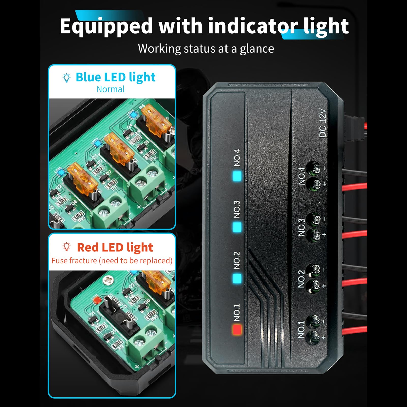 Luocute Boîte à Fusibles de Moto 12 V, Bloc de Fusibles Universel à Profil Bas 20 A avec Indicateur LED et 4 Circuits, pour Voitures, VTT, UTV, Bateaux et Autres Véhicules 12 V