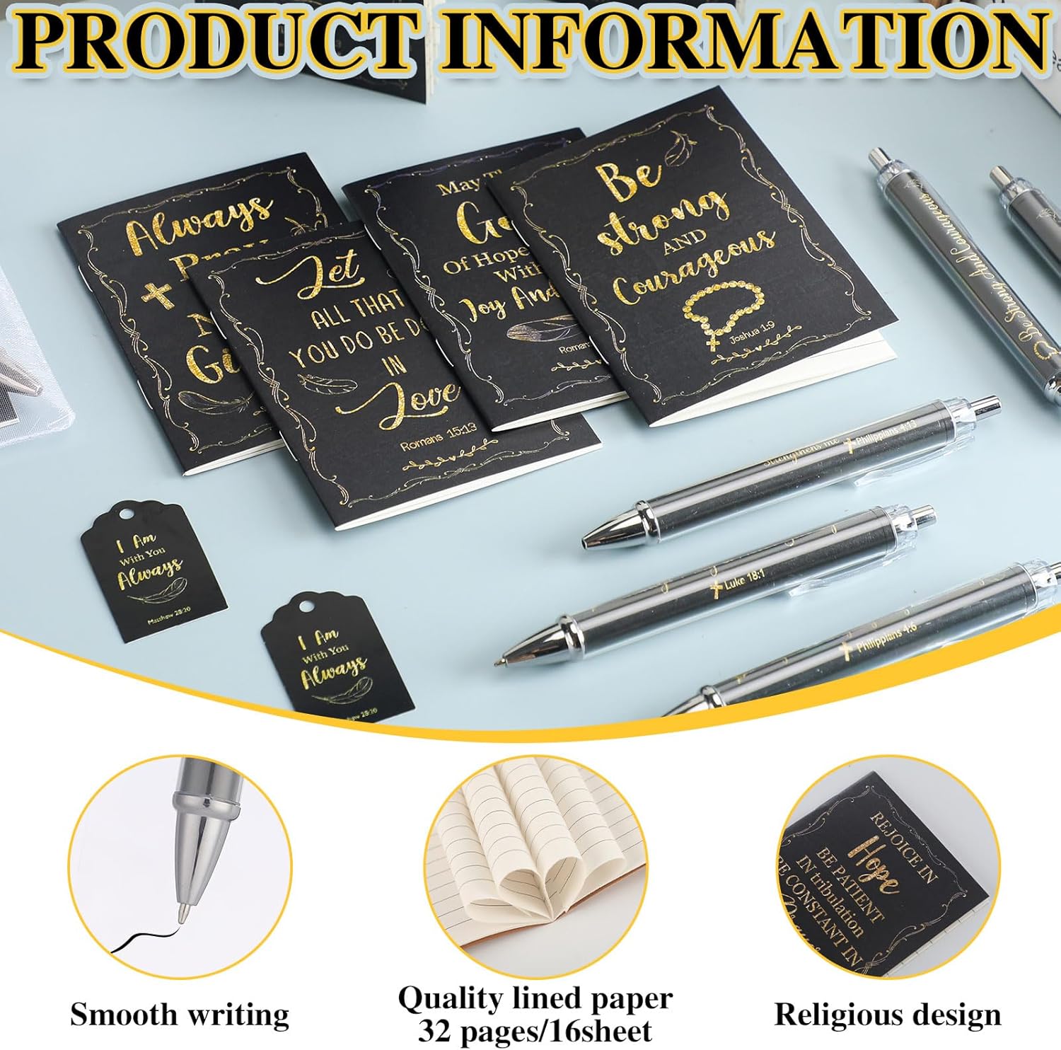 200 Pcs Christian Gifts Bulk Sets Bible Verse Religious Ballpoint Pen and Notebook Gift Set with Thanks Tags Organza Bag Gift Bulk for Women Church Christian Party Favors(Black,Fresh) - Image 3