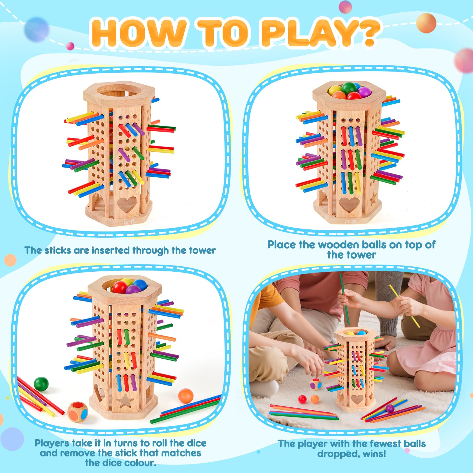 Montessori Toys Wooden Board Games Kids with 42 Colorful Wooden Sticks and Dice, Math Educational Toy Gifts for 3 4 5 6 Year Olds, Family Outdoor Travel Games Toy for Kids — view 5