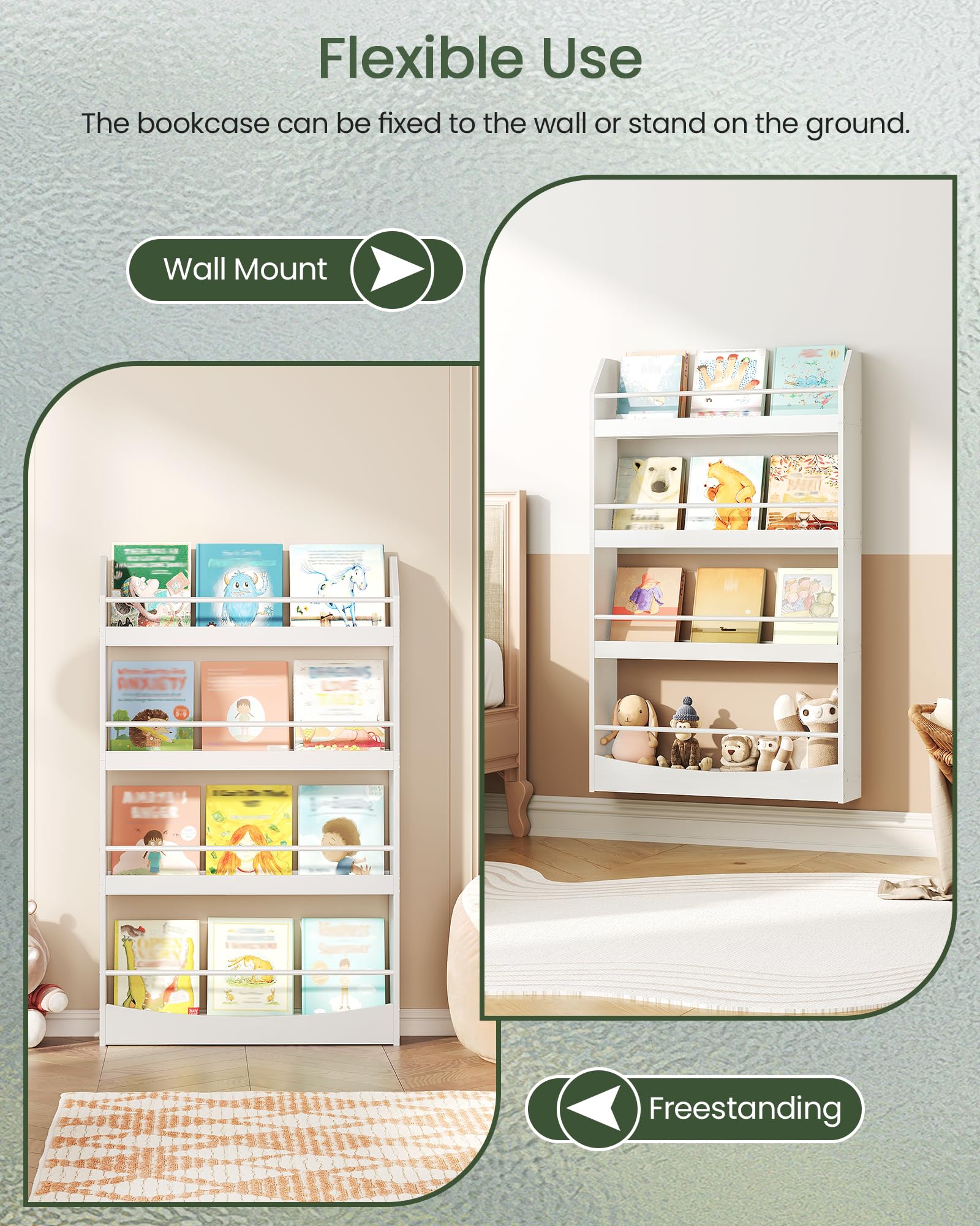 CHOEZON Kinderzimmer Möbel, 4-stöckiges Wandregal Bücher für Kinder, Bücherregal, Spielzeugaufbewahrung, Kinderregal, Präsentationsständer für Kinderzimmer, Spielzimmer, Weiß DMCW13WB