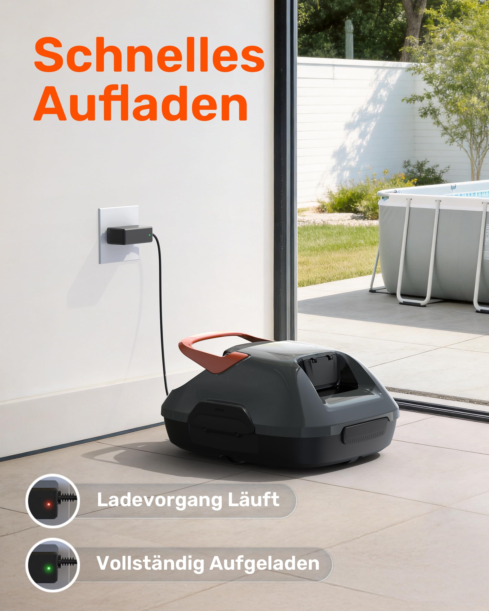 (Upgrade) Gosvor Poolroboter Akku, Bis zu 7200 LPH Effiziente Reinigung mit Power-Clean-Modus, Bis zu 90 Min., 3,4 KG Leicht, Einfach zu Bedienen & Warten, Poolsauger für Flache Böden bis 80㎡, Orange