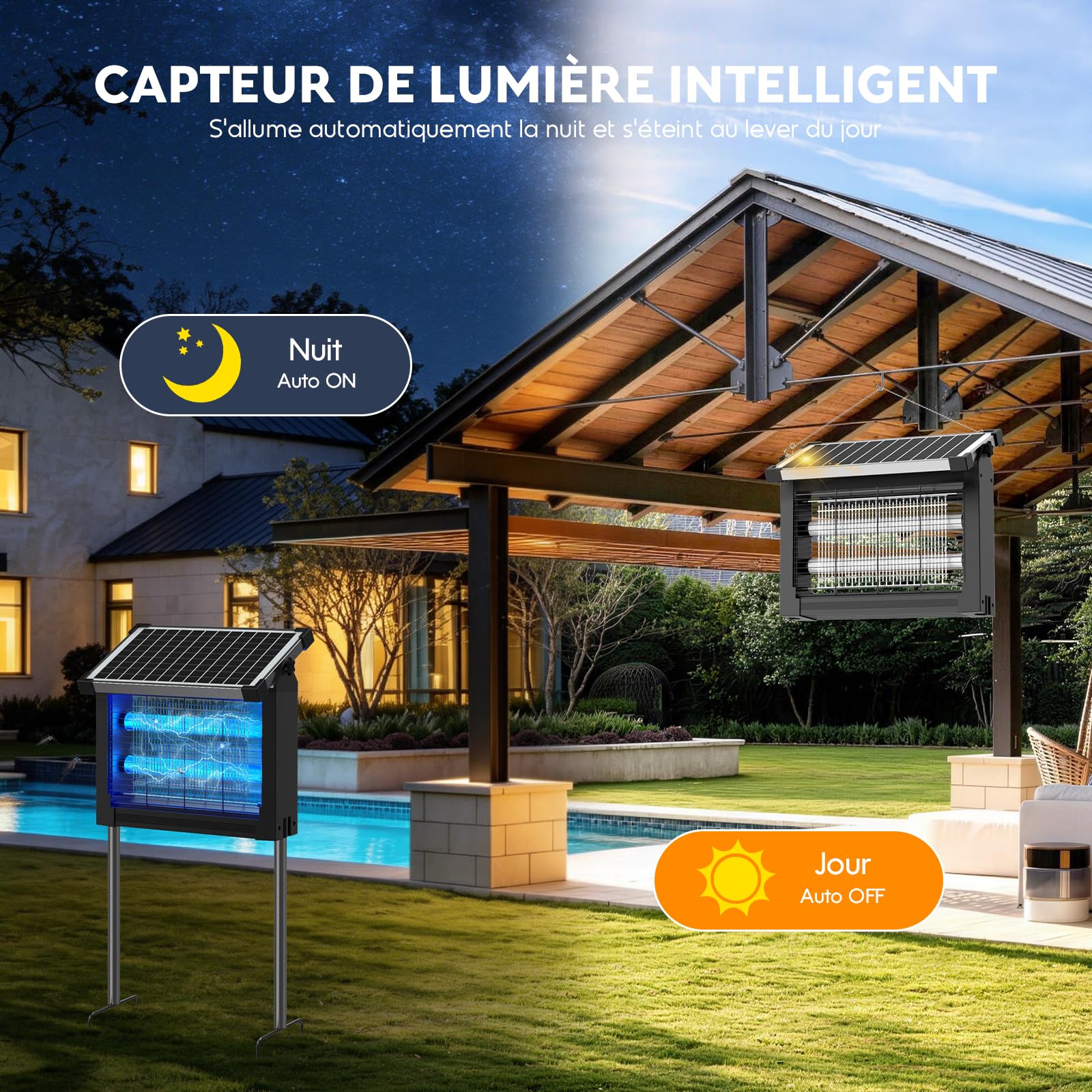 Lampe Anti-Moustique Solaire d’Extérieur, 4500V, IPX5 Étanche, Rechargeable USB-C, Batterie 4000mAh, Tue-Moustique sans Fil avec Piquet pour Jardin, Pelouse, Terrasse, Camping