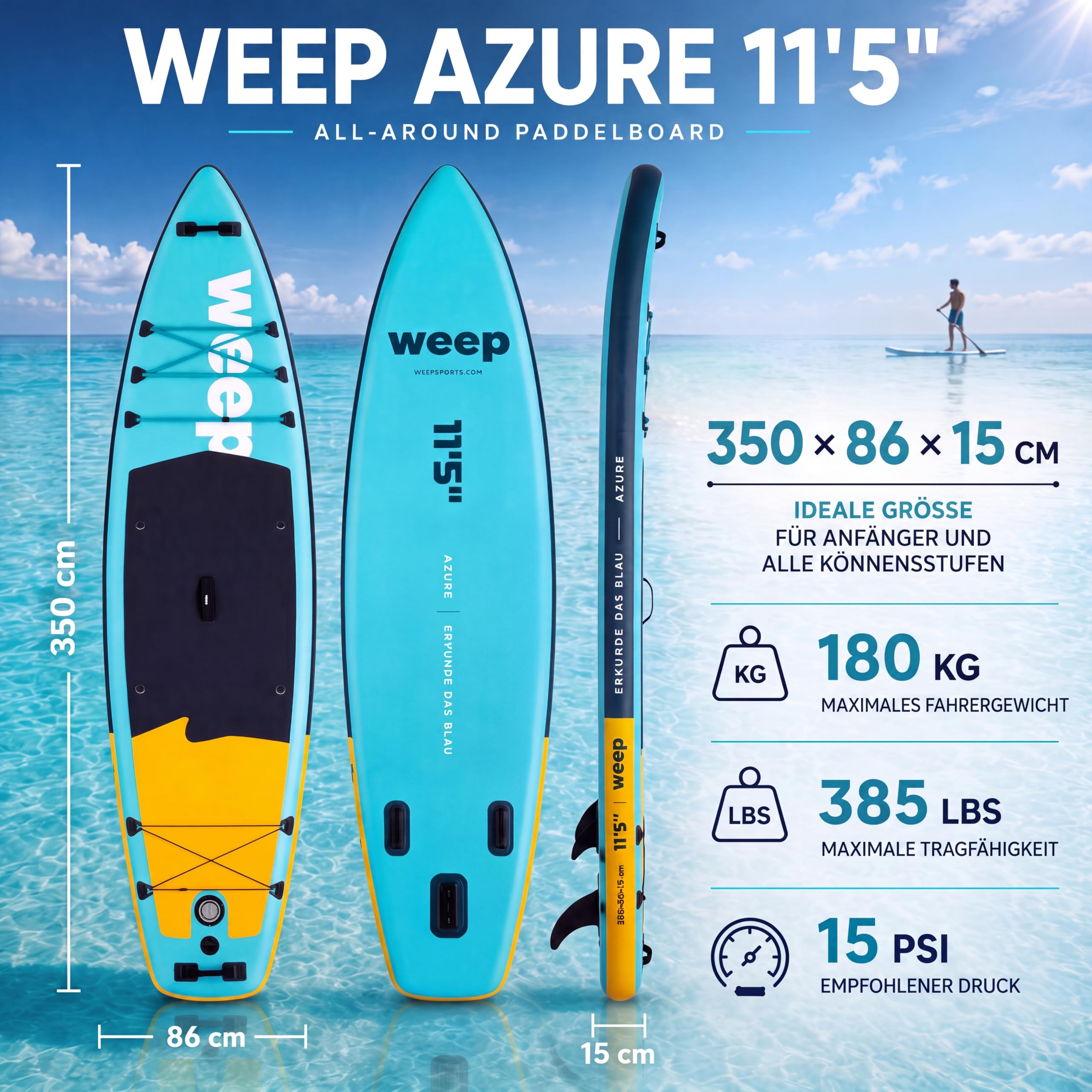 weep Stand Up Padding Board aufblasbar 365cm & 350cm & 320cm, SUP Board - mit 2in1 Aluminium Paddel, Pumpe, Rucksack, Leash, 3 Finnen, stabiles Paddle Board Komplettset - für Touring, Yoga & Freizeit