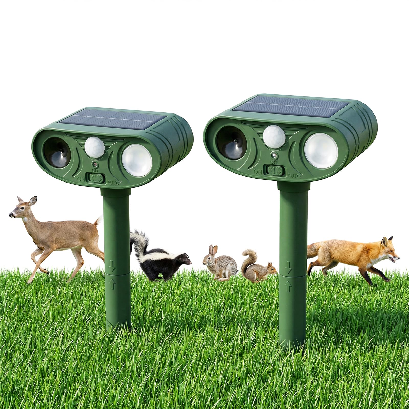 Solar Ultraschall Tiervertreiber 2 Pack, Hirschabwehrgeräte Wasserdicht, Katzenschreck Outdoor mit Bewegungserkennung Eichhörnchen Stinktier Kaninchen Hund Waschbär Abschreckungen Tiervertreiber für