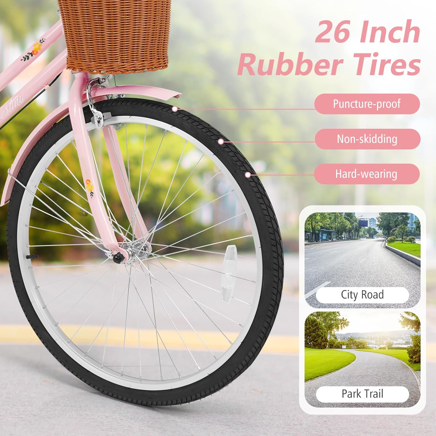 GYMAX Beach Cruiser Bike for Adults, 24/26 Inch Commuter Bicycle for Women with Rattan Basket, Ergonomic Low Step-Through Frame, Rear Rack & Adjustable Seat, City Bike Cruiser Bicycle