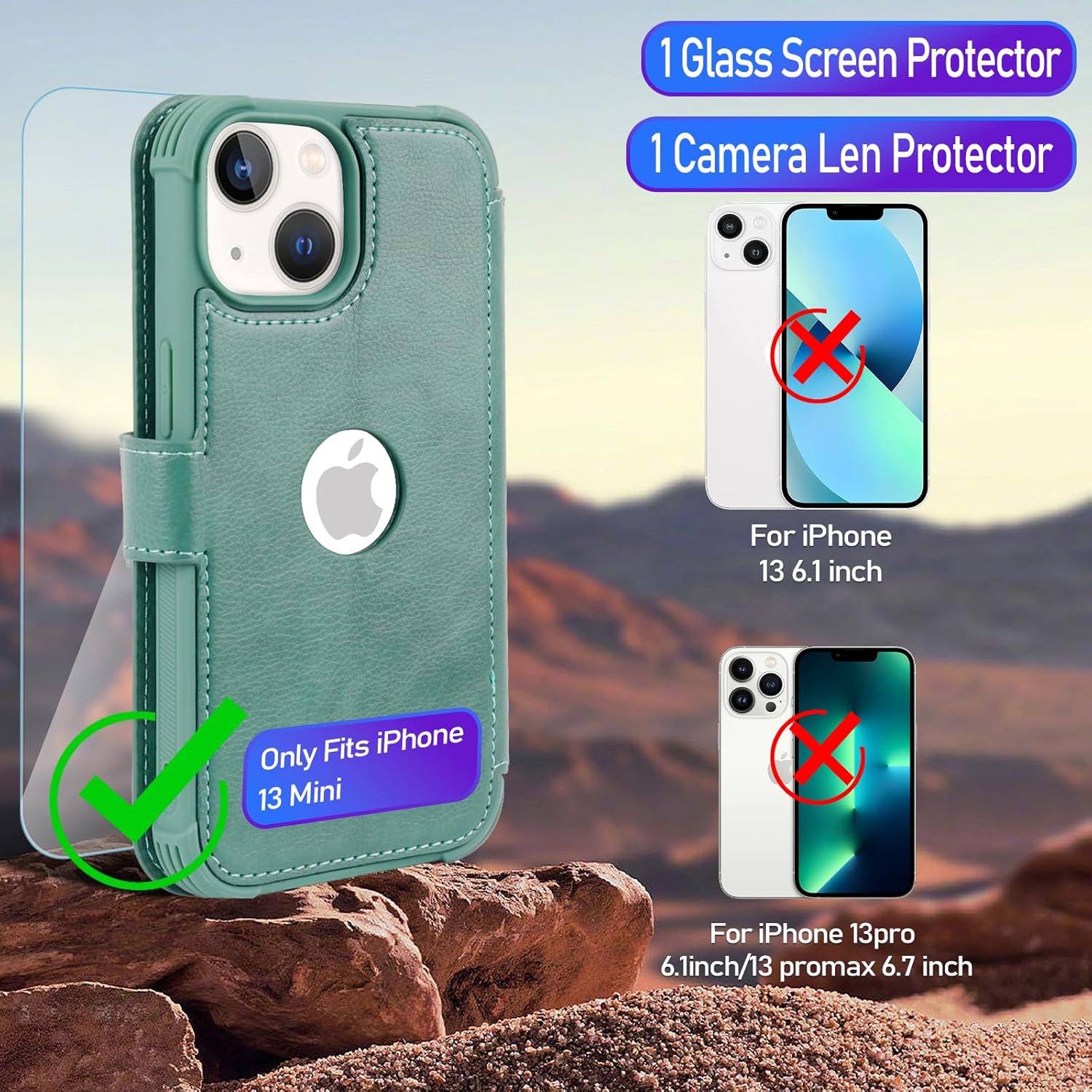 VANAVAGY Compatible for iPhone 13 Mini Wallet Case for Women Men, PU Leather Flip Phone Cover with Wrist Strap for Wireless Charging with RFID Blocking Card Holder Screen Protector,Forest Green