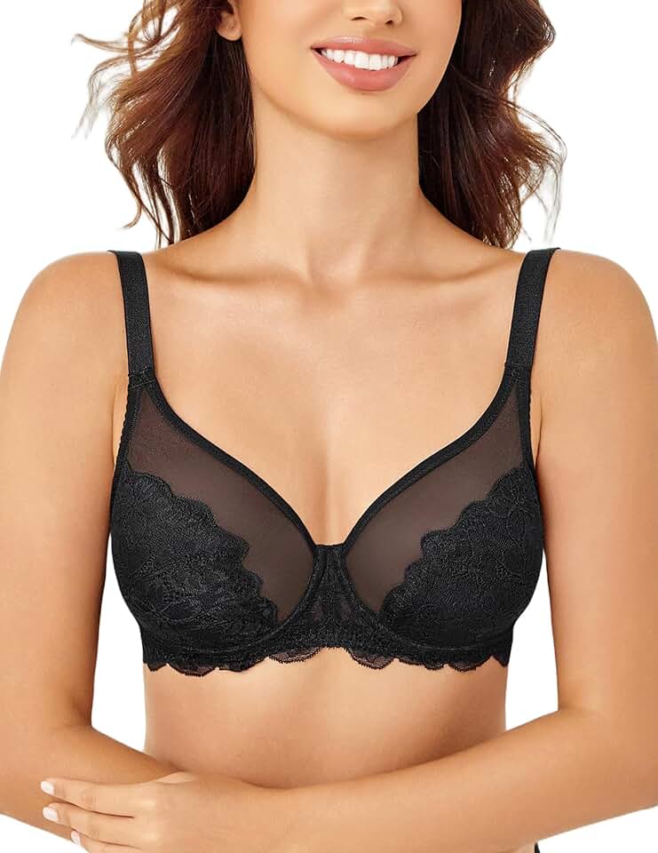 Sutiã Push Up Feminino com Renda, Redutor de Volume, Cobertura Total, Sem Forro, com Aro E Detalhe em Tela, Preto, Tamanho 38D