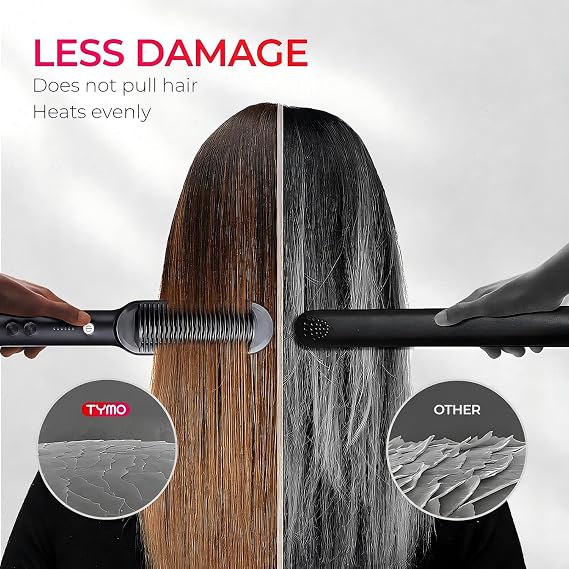 TYMO Hair Straightener Brush UK, Flat Iron and Hair Brush 2-in-1, Anti-Scald, Fast Heating, 5 Temp Settings (130℃-210℃), Professional Salon at Home, Wider Comb for Even Straightening, Black