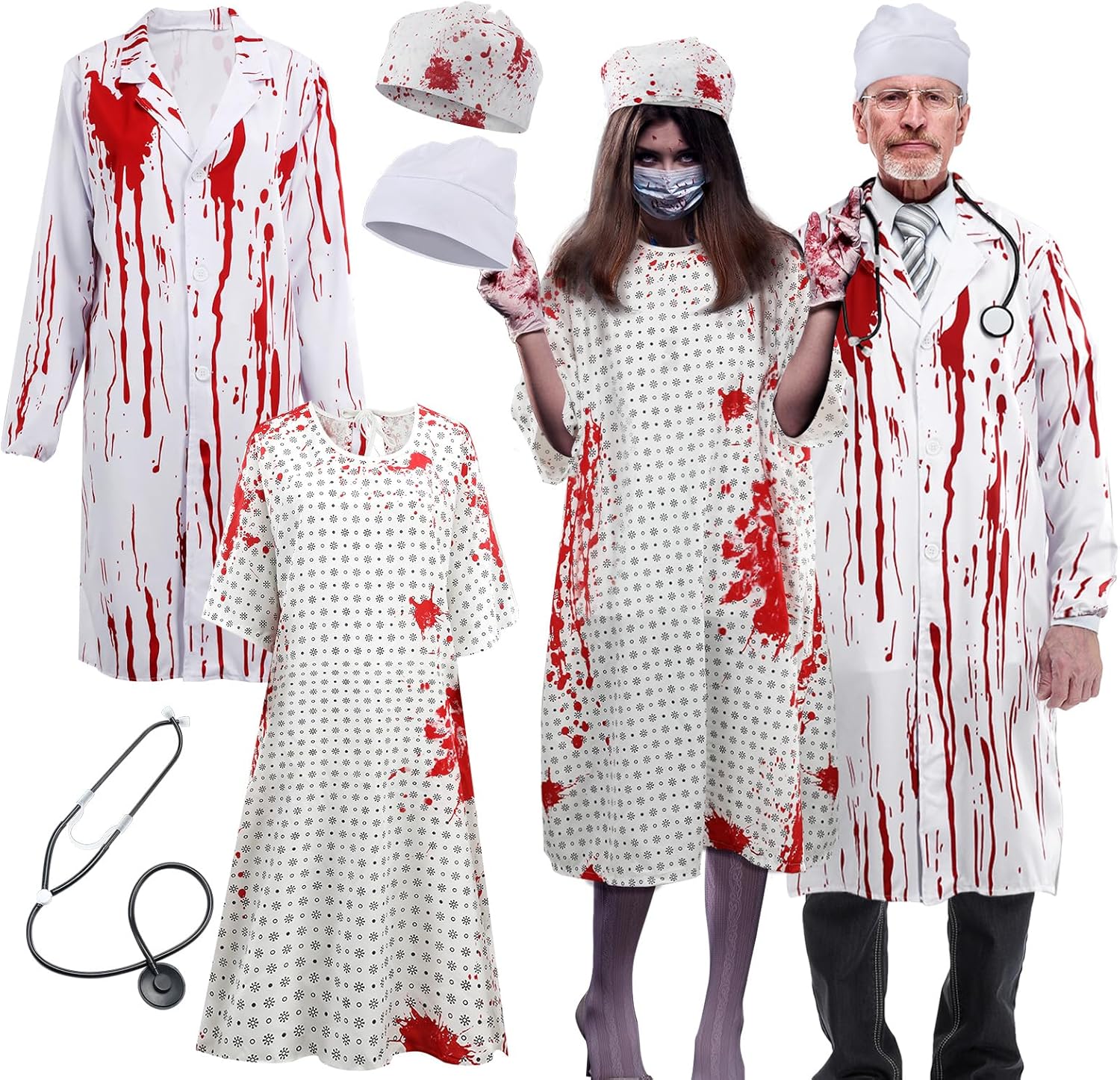 Halloween Unisex Hospital Gown - Bloody Pattern Printed Doctor and Patient Gown Costumes 2025 with Blood Gauze Roll Halloween Couples Costume Set for Scary Cosplay Party Men Women Costume
