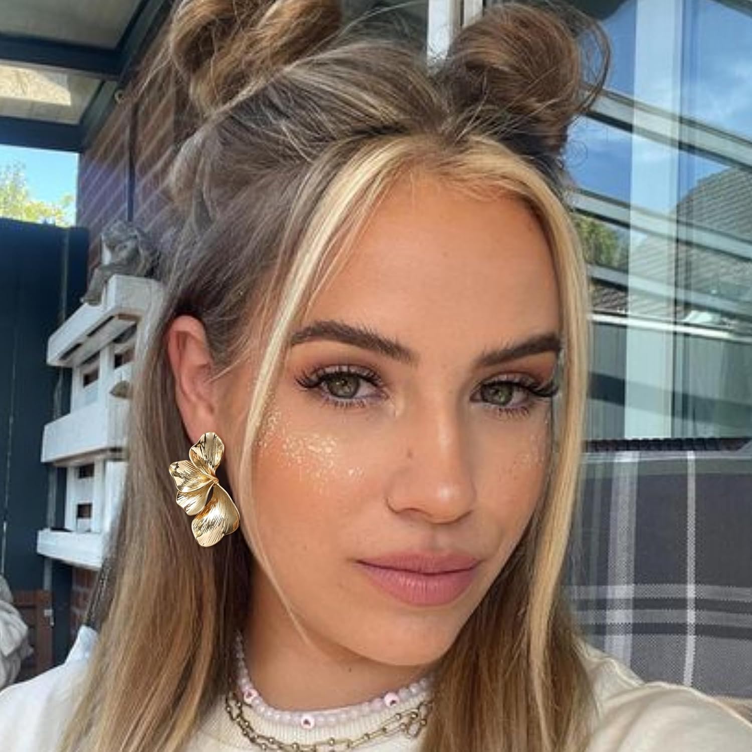 Flyonce Gold Silver Flower Earrings for Women, Fashion Chunky Statement Tropical Floral Petal Stud Earring Hypoallergenic Summer Boho Jewelry for Beach Holiday Wedding Formal Party - Image 5