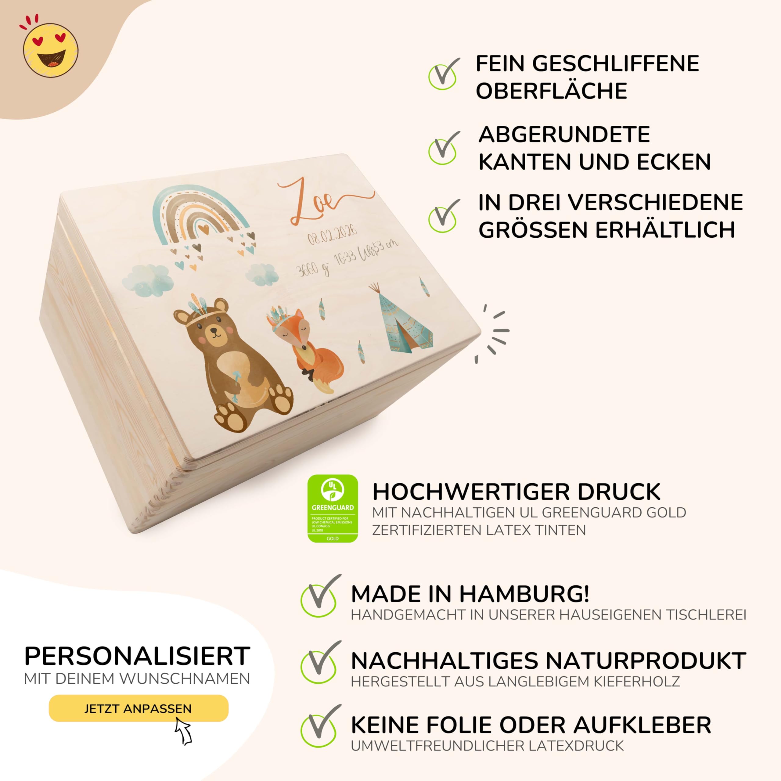 KIDSMOOD - Erinnerungsbox Baby, personalisierte Holzkiste mit Deckel, Ideal zur Aufbewahrung von Erinnerungen und als Geschenk zur Geburt, Taufe oder als Geburtstagsgeschenk für Mädchen und Jungen