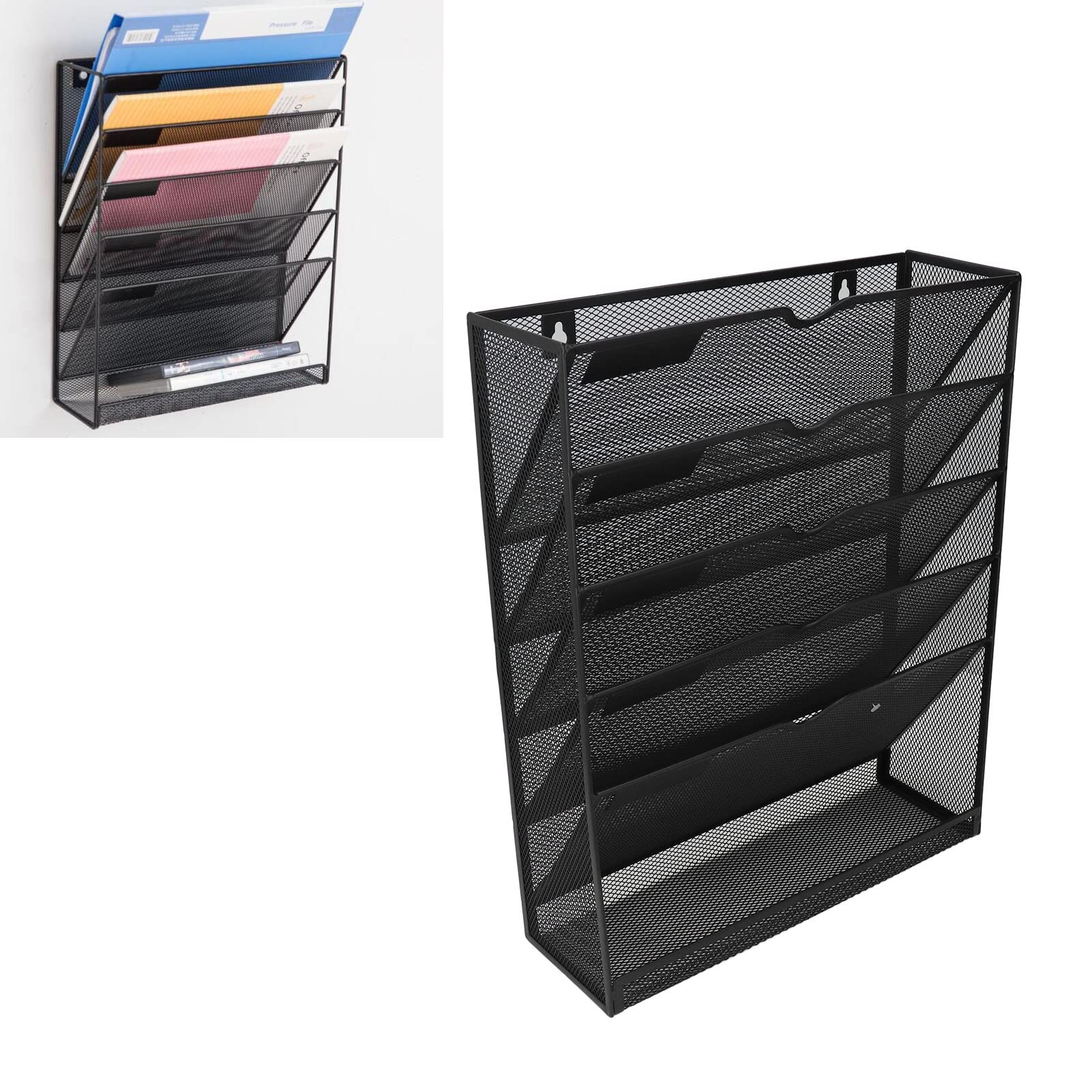 Organizador de Archivos de Pared para Colgar, 5 Bolsillos de Malla Metálica para Montar en la Pared, Revistero de Papel con Bandeja Plana Inferior, Organizador de Documentos de Archivo Resistente