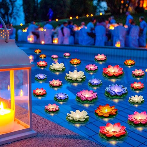Liliful 36 piezas de luces flotantes de loto realistas artificiales flotantes para piscina con luces LED, almohadillas de lirio que funcionan con