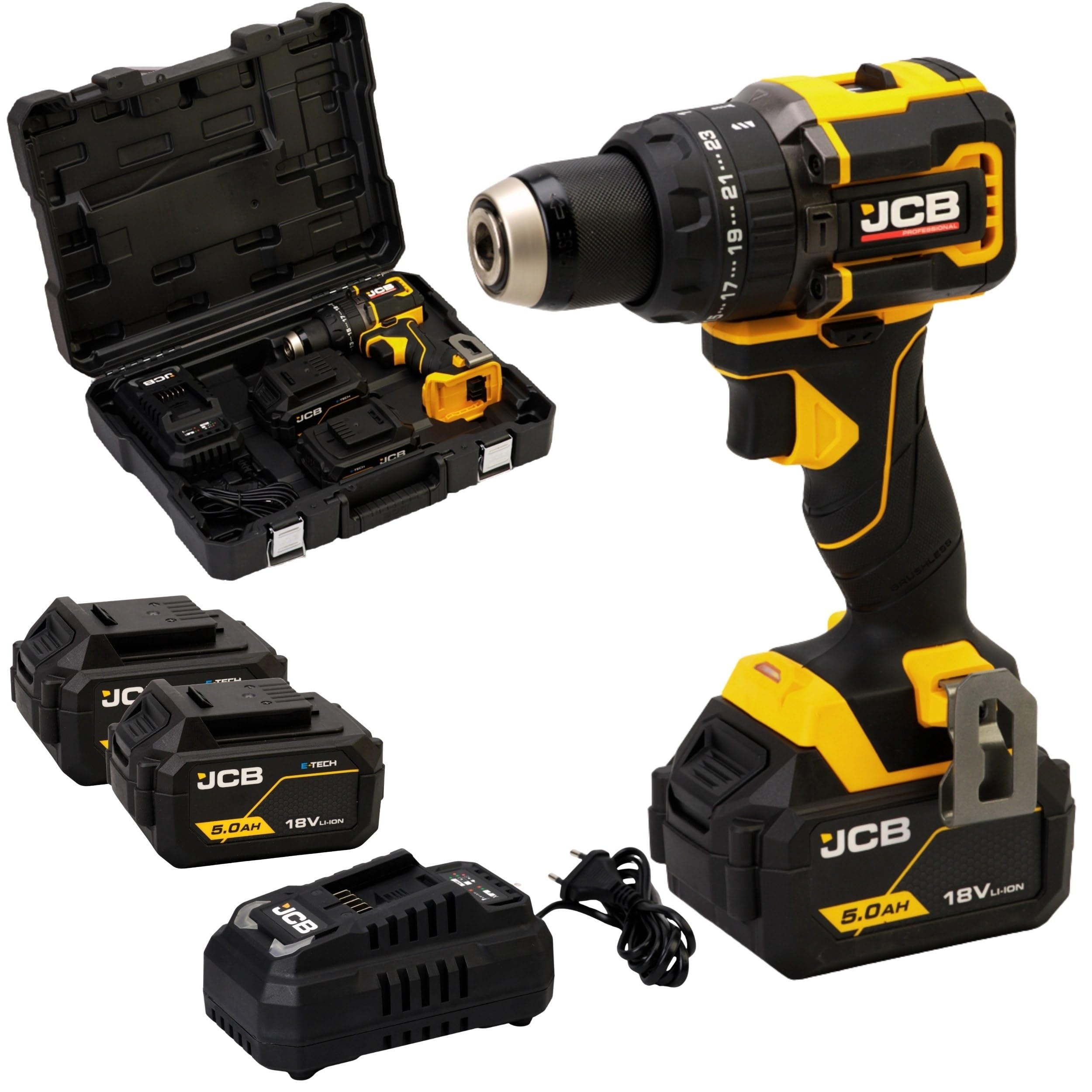 Jcb Pro Cordless Combi Drill Set 2 5Ah Batteries & Charger Electric Screwdriver 18V 75Nm2 Speed23+3 Positions & 13mm Keyless from B&Q