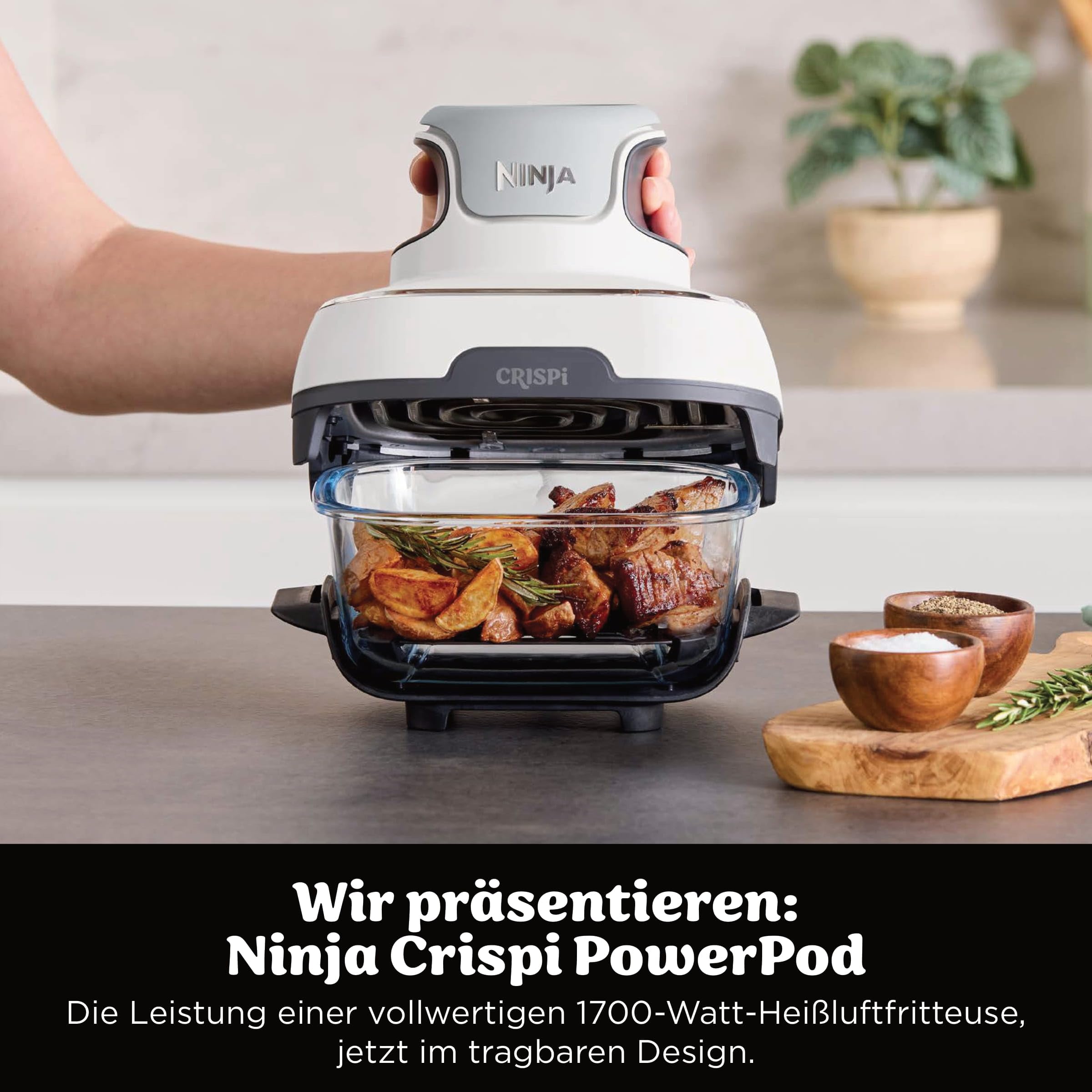 Ninja CRISPi Tragbare Heißluftfritteuse 3,8 l & 1,4 l 4-in-1 Heißluftfrittieren Braten Aufknuspern 1700 W Weiß FN102EU