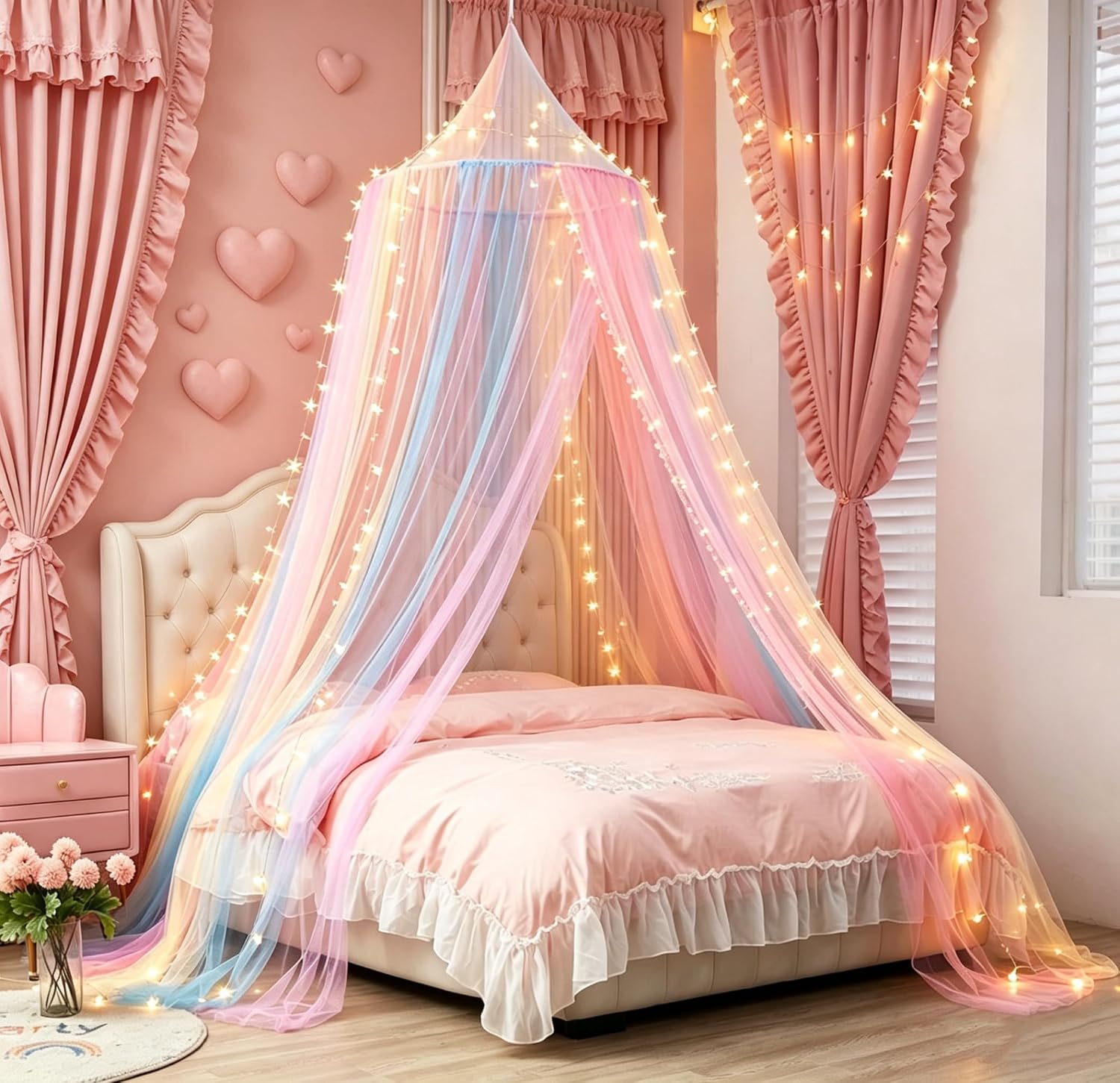 Comtelek Mosquito Net Bed Canopy for Girls,King Canopy Bed Curtains Full Queen Size from Ceiling,Dome Mosquito Netting Bed Tent Twin Girls Princess Canopy Bed White Decor for Baby Crib (Light Rainbow)