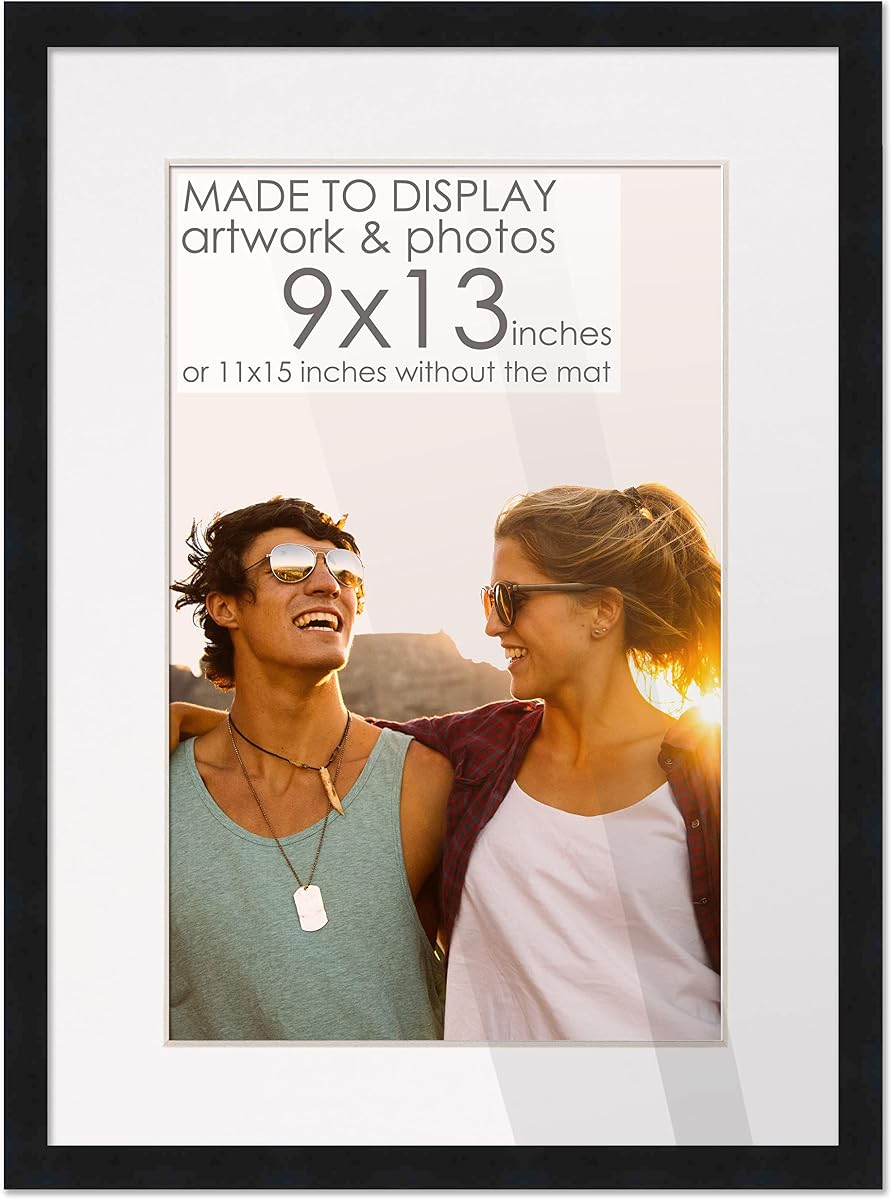9x13 Black Wood Frame with White Mat | 11x15 Matted to 9x13 | UV Acrylic Shatter Guard, Foam Board Backing, Wall Hanging Hardware - Solid Pine