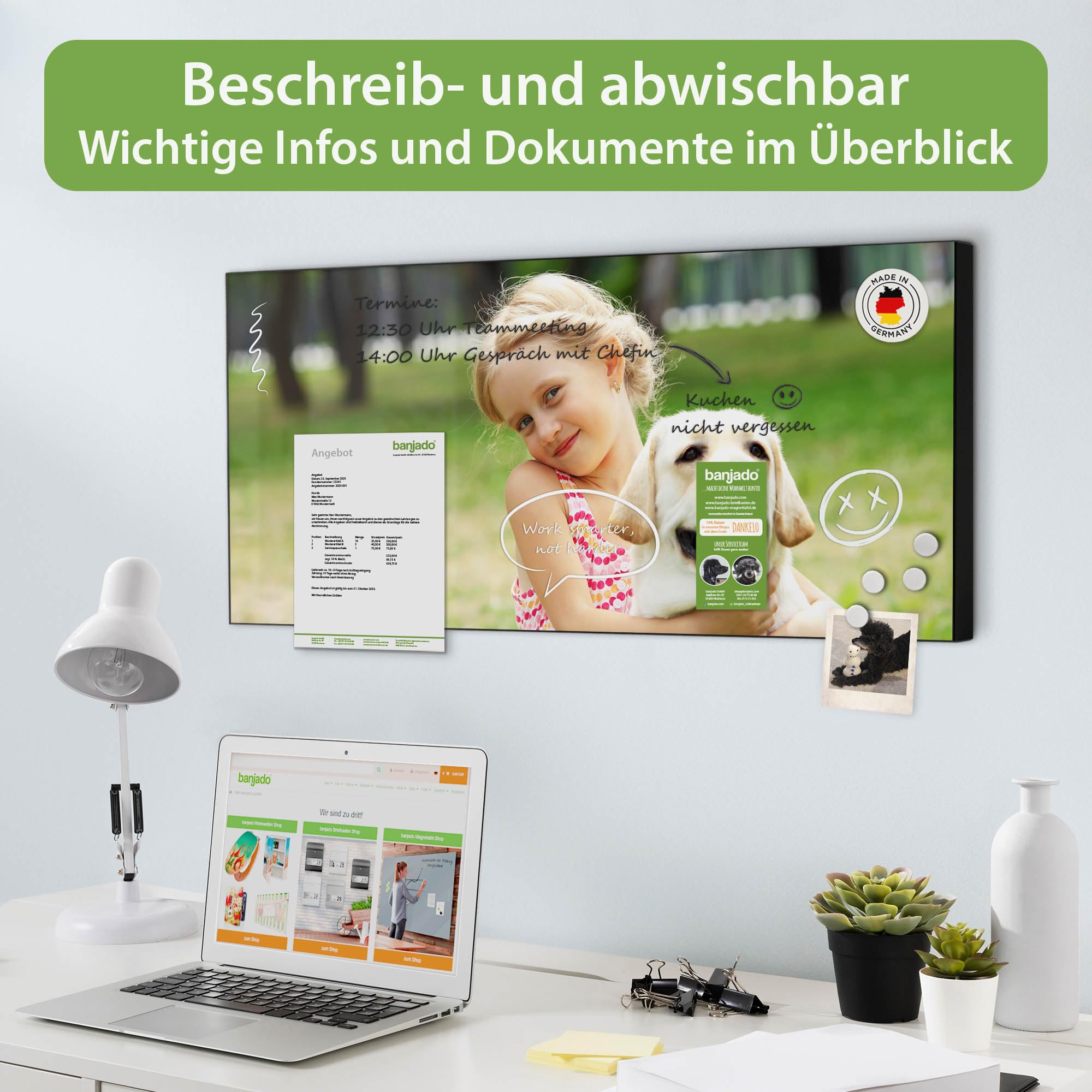 banjado Magnettafel Metall 78 x 37cm - beschreibbare Magnettafel - Metall Pinnwand als Memoboard - Magnetwand Küche, Büro, Kinderzimmer Schwarz inkl. 4 Magnete & Montageset - Motiv Wunschmotiv