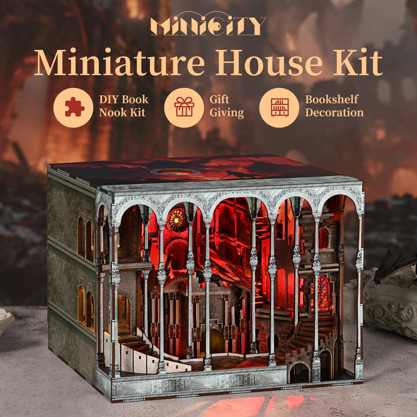 MiniCity Book Nook Kit-DIY domek dla lalek z drewna, miniaturowy zestaw domku, zestaw kącika książkowego dla dorosłych i nastolatków, drewniane puzzle 3D, kącik książkowy, zestawy wkładów do regału na