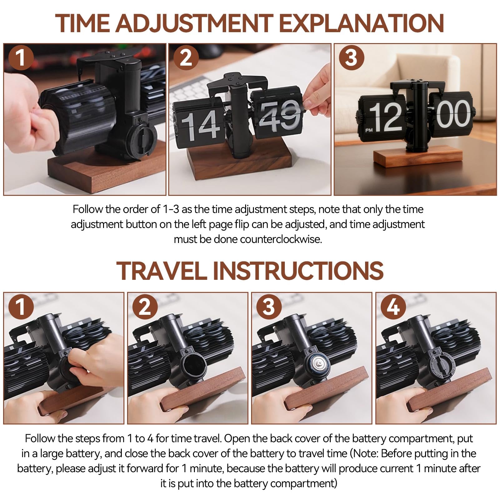 HERCHR Reloj con Tapa, Reloj De Escritorio con Tapa Retro, Reloj Mecánico Digital con Tapa hacia Abajo, Reloj De Mesa con Tapa Automática, Reloj Mecánico con Pilas para Decoración De(Negro Mate)